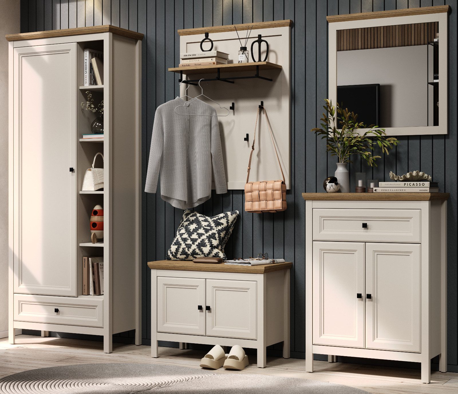 Furn.Design Garderoben-Set Cozy, (Komplett-Set in Kaschmir mit Eiche Landhaus, 5-teilig, 250 x 200 cm), mit viel Stauraum und Soft-Close-Funktion