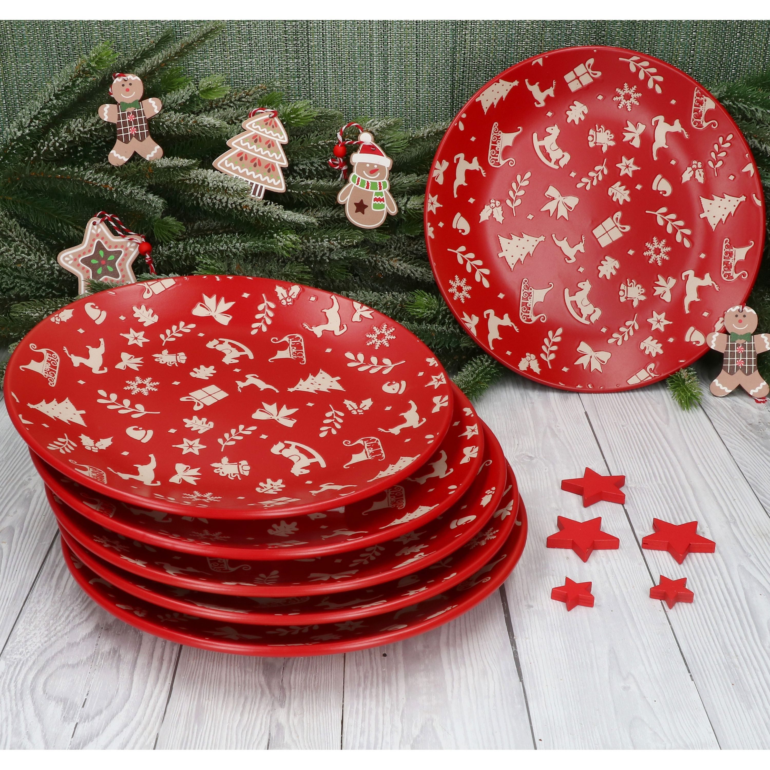 MamboCat Speiseteller 6er Set Advent Speiseteller Ø27cm Steingut Rot Weihnachten Essteller – Bild 3 von 5