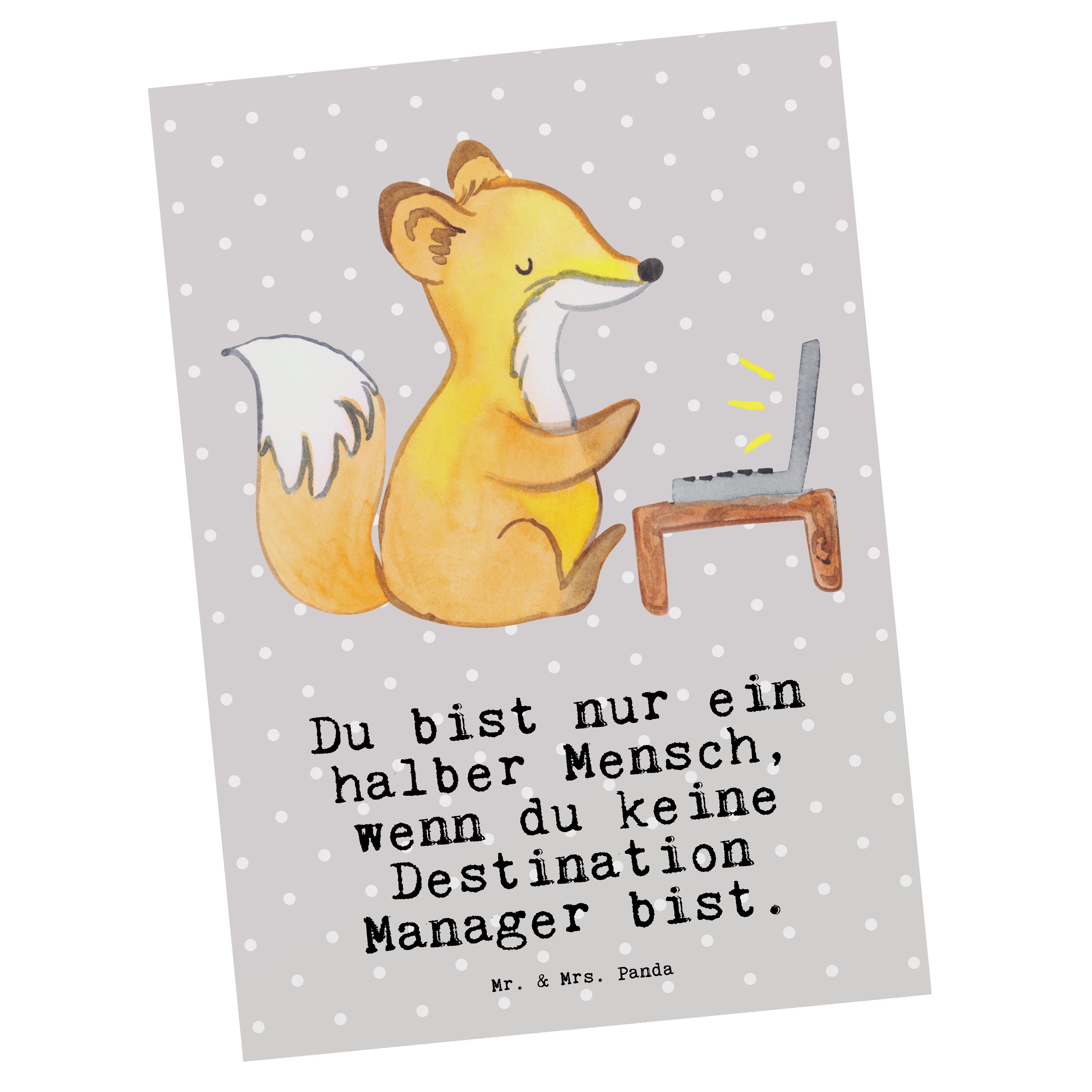 Mr. & Mrs. Panda Postkarte Destination Manager mit Herz - Grau Pastell - Geschenk, Grußkarte, Ab