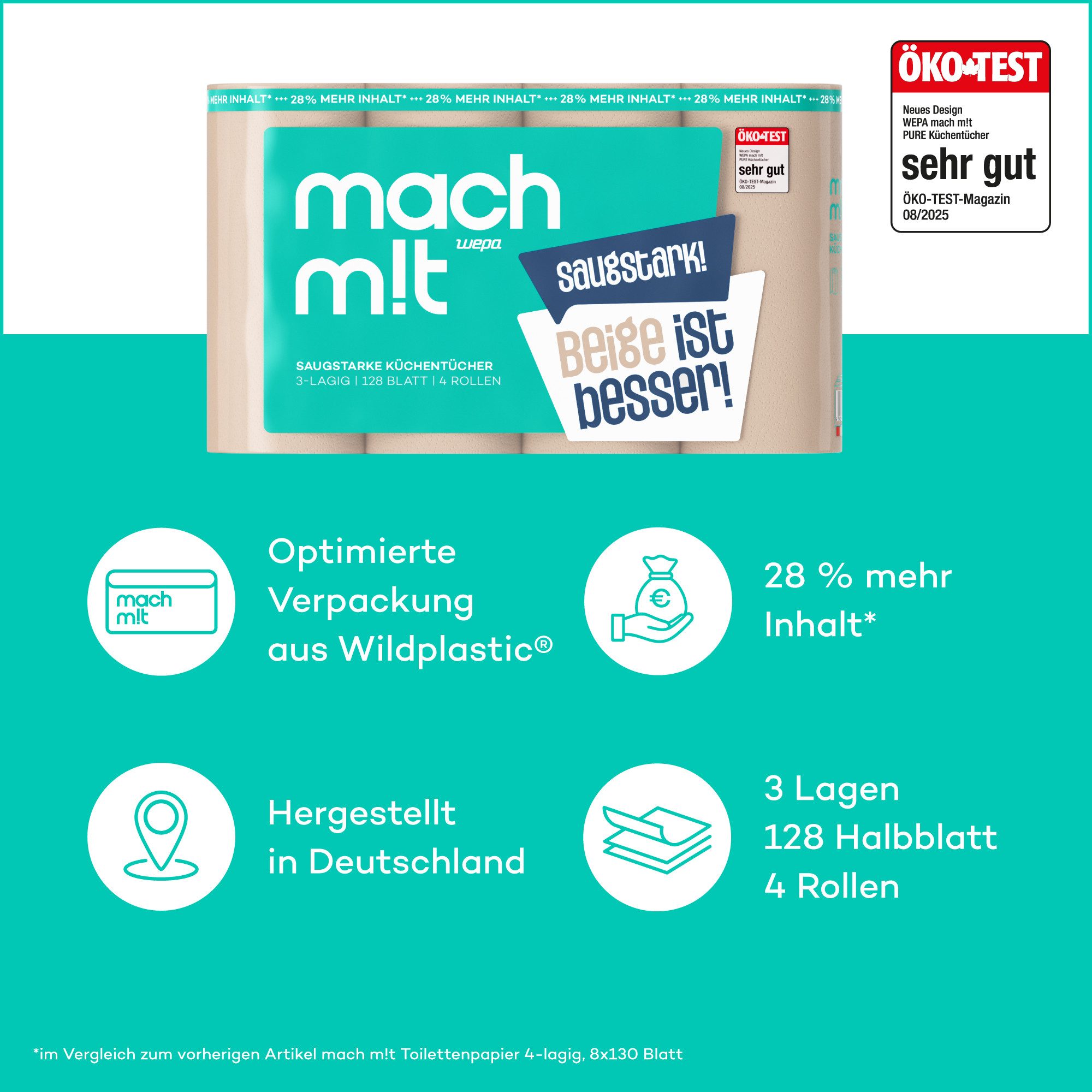 mach m!t Papierküchenrolle 4 o. 32 Rollen - 3-lagig - 128 Blatt (4-St)