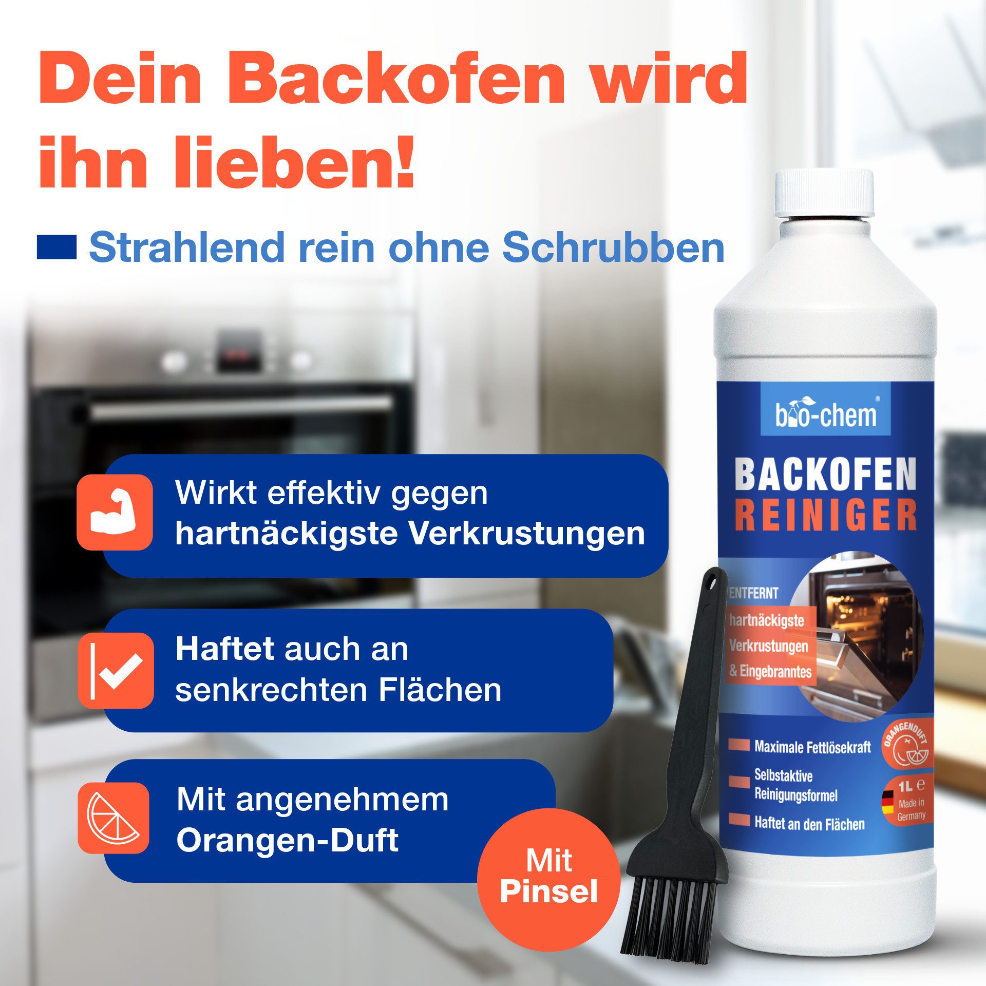 bio-chem Backofenreiniger 1000ML – Extra stark & ohne Schrubben Backofenreiniger (Einzelprodukt, [- Backofenreiniger 1 L + Pinsel schwarz Extra starke Fettlösekraft)