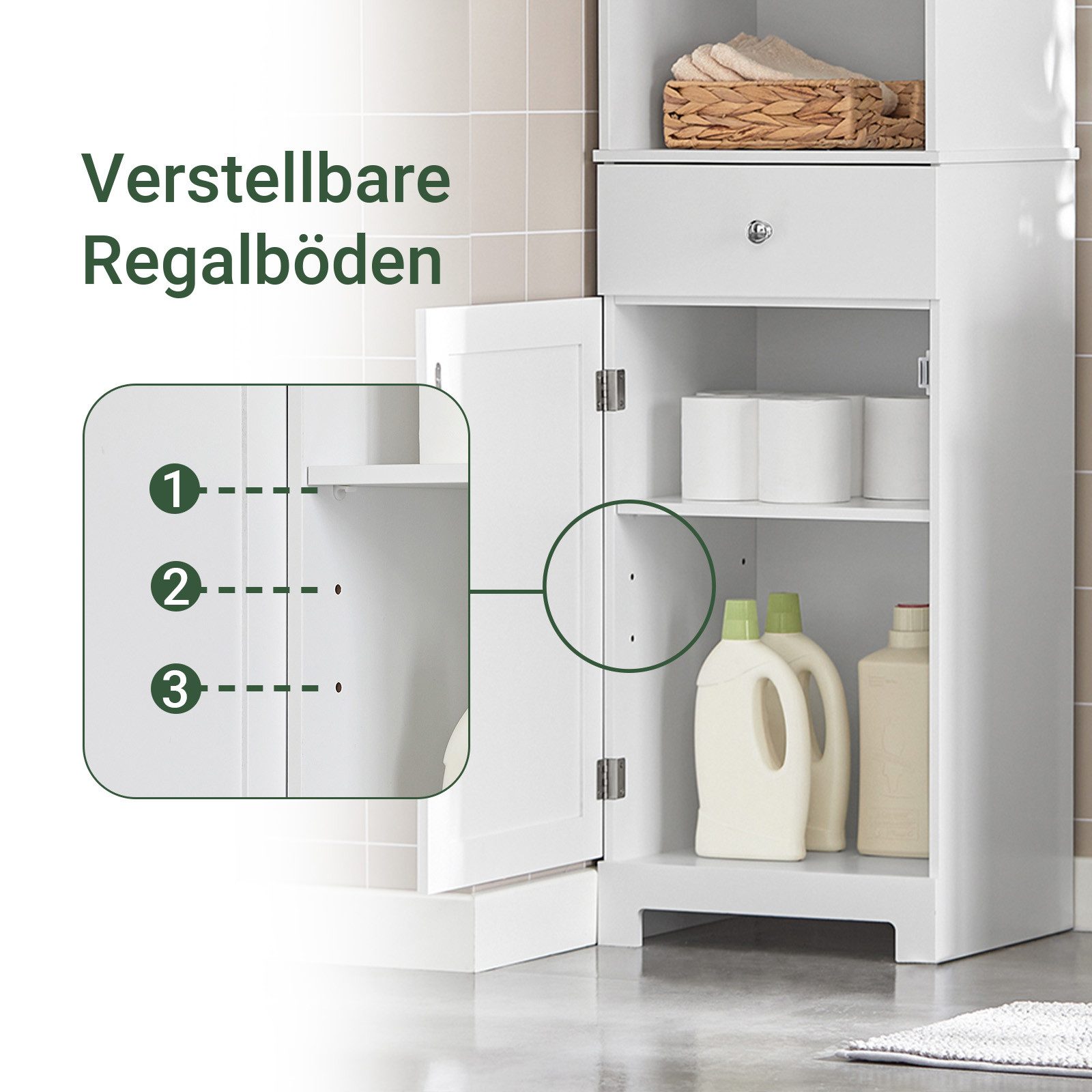 SoBuy Hochschrank BZR17, Badkommode Beistellschrank Badschrank schmal Badezimmerschrank Hochschrank, 3 offenen Fächern, verstellbare Ablagen – Bild 4 von 5