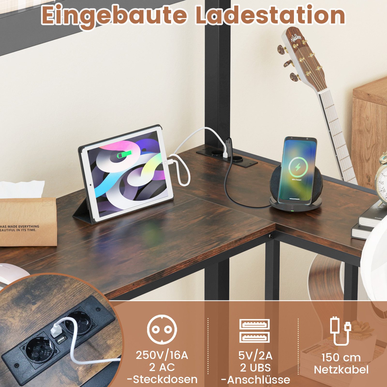 COSTWAY Bettgestell (1-tlg), Hochbett mit Schreibtisch, LED, Ladestation, 90x200cm