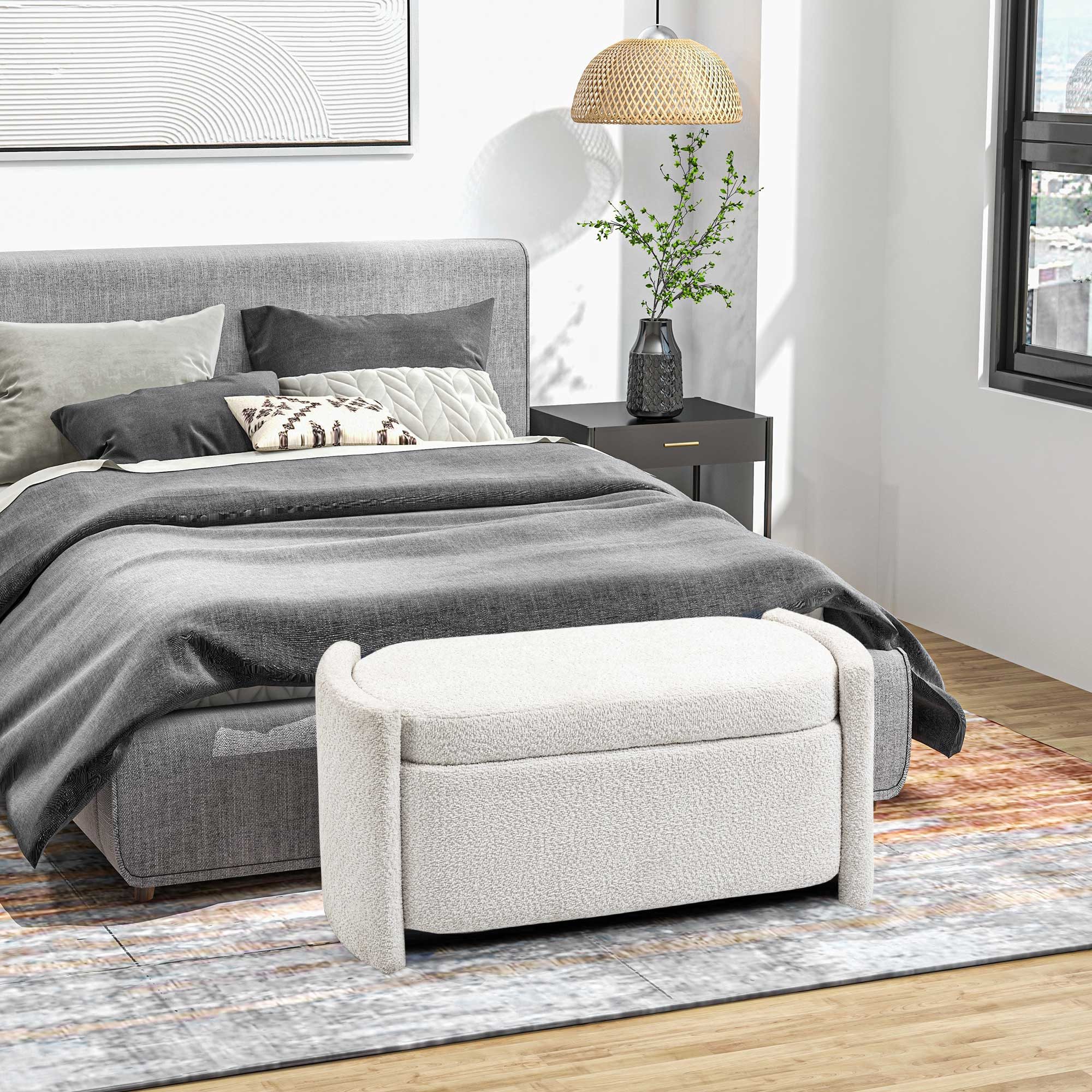 HOMCOM Sitzbank Bettbank mit Stauraum, Teddy-Samtoptik, Sitztruhe, Schlafzimmer (Aufbewahrungsbank, 1-St., Lagerbank), Creme, 105 x 44 x 45,5 cm