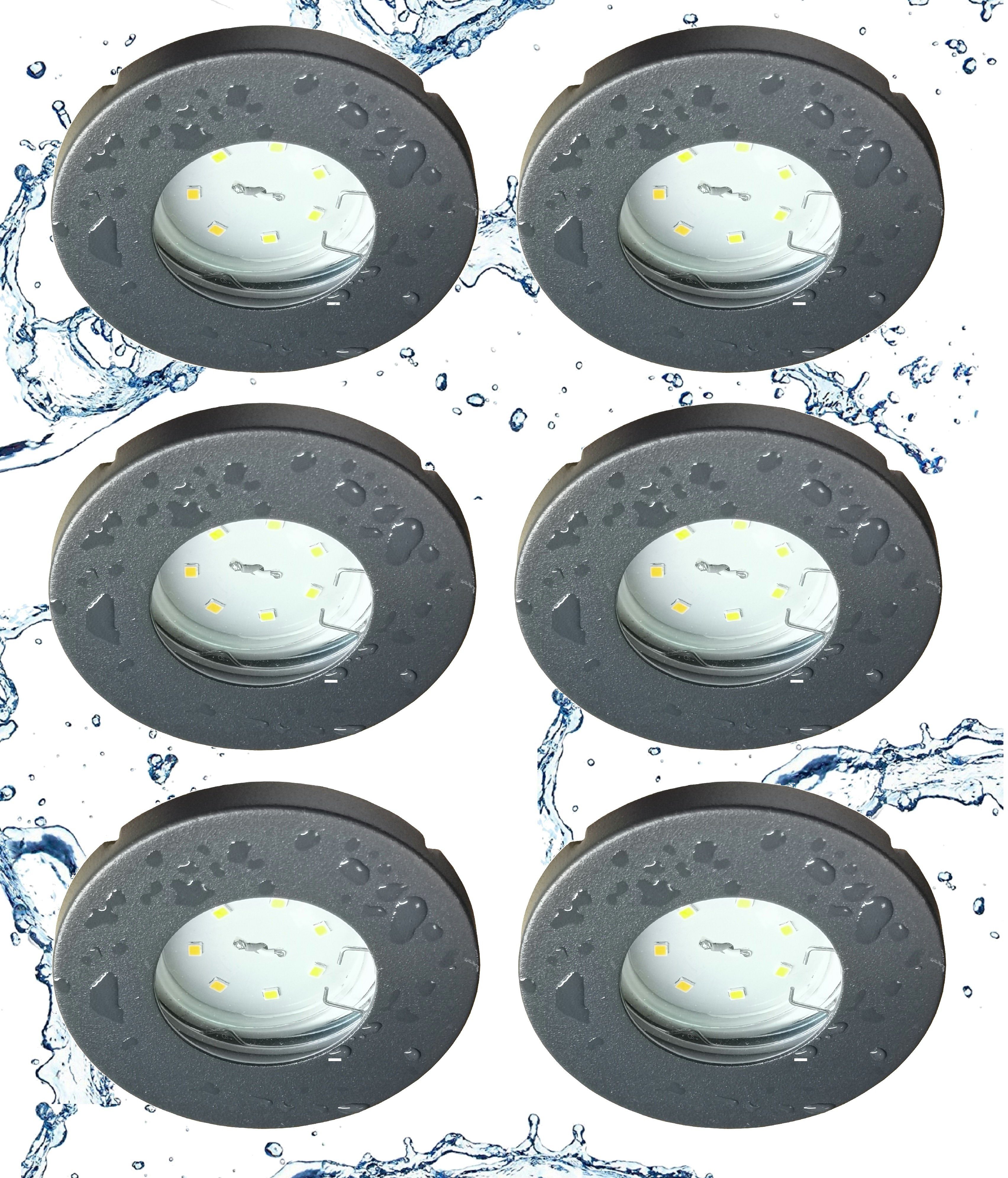 TRANGO LED Einbauleuchte, 6er Set 6729IP-061AK Einbaustrahler IP44 in Rund Anthrazit matt Badleuchte, Einbauleuchte, Deckenspots, Einbauspots, Deckenleuchte inkl. 6x GU10 Lampenfassung für Bad, Sauna, Sauna, Außen, Feuchtraum