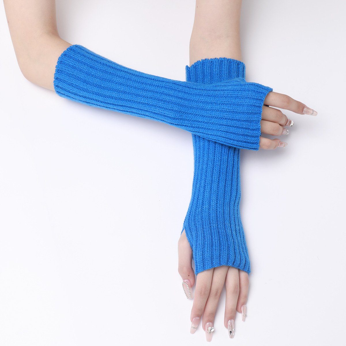 SCOHEAD Strickhandschuhe Armstulpe Handschuhe Strickhandschuhe Strick Ärmelabdeckung (1 paar, Ästhetische Mode, einfarbiges Design) Geeignet für alle Gelegenheiten, ein Muss für Herbst und Winter blau