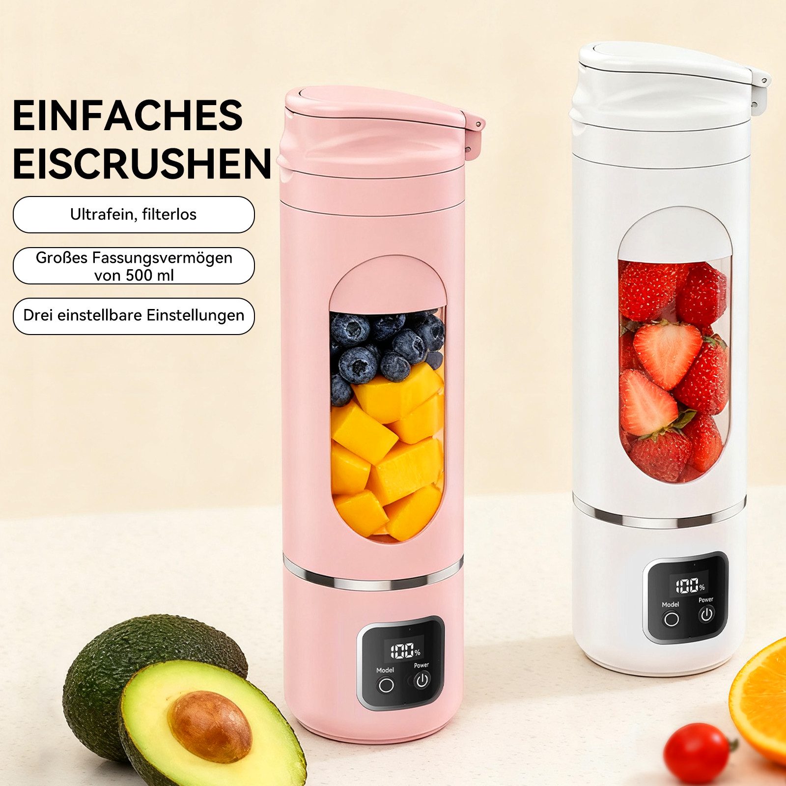 oyajia Entsafter Tragbarer Mixer, Mini-Standmixer, kleiner Entsafter, Smoothie-Maker, Edelstahlklingen und Digitalanzeige, wiederaufladbarer Typ-C