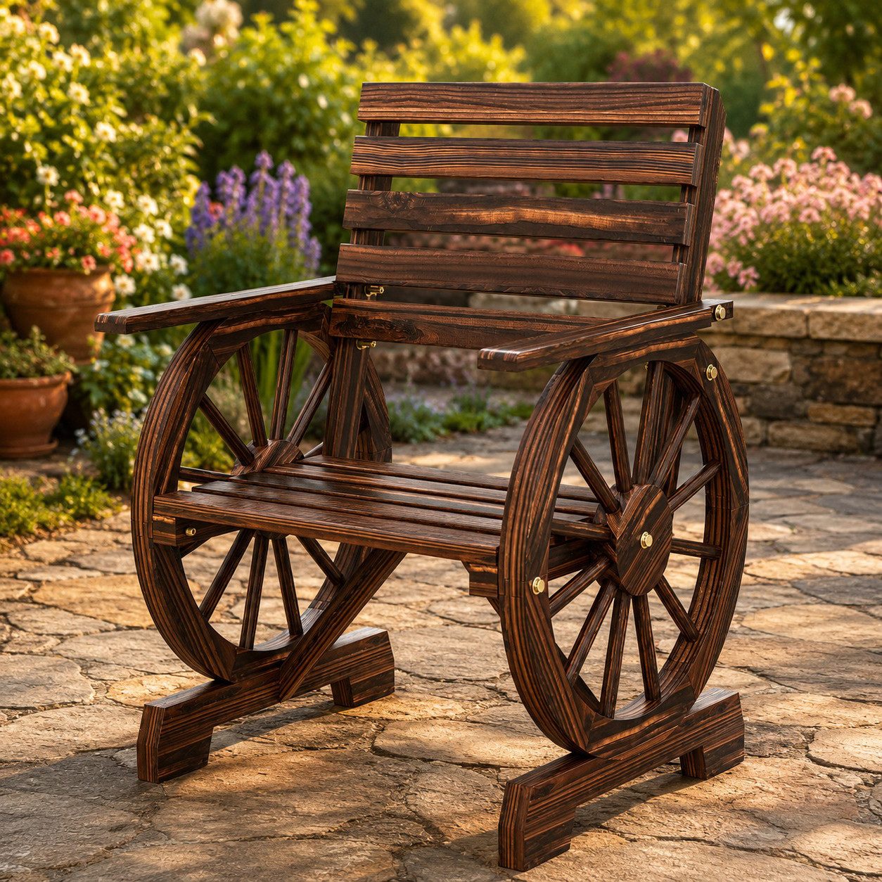 CHICFURN Gartenstuhl Holz Gartensessel mit Wagenrad-Design im Landhausstil Verkohlt (Packung, 1 St), Rustikaler Holzsessel für Garten & Terrasse, Maße bitte ergänzen