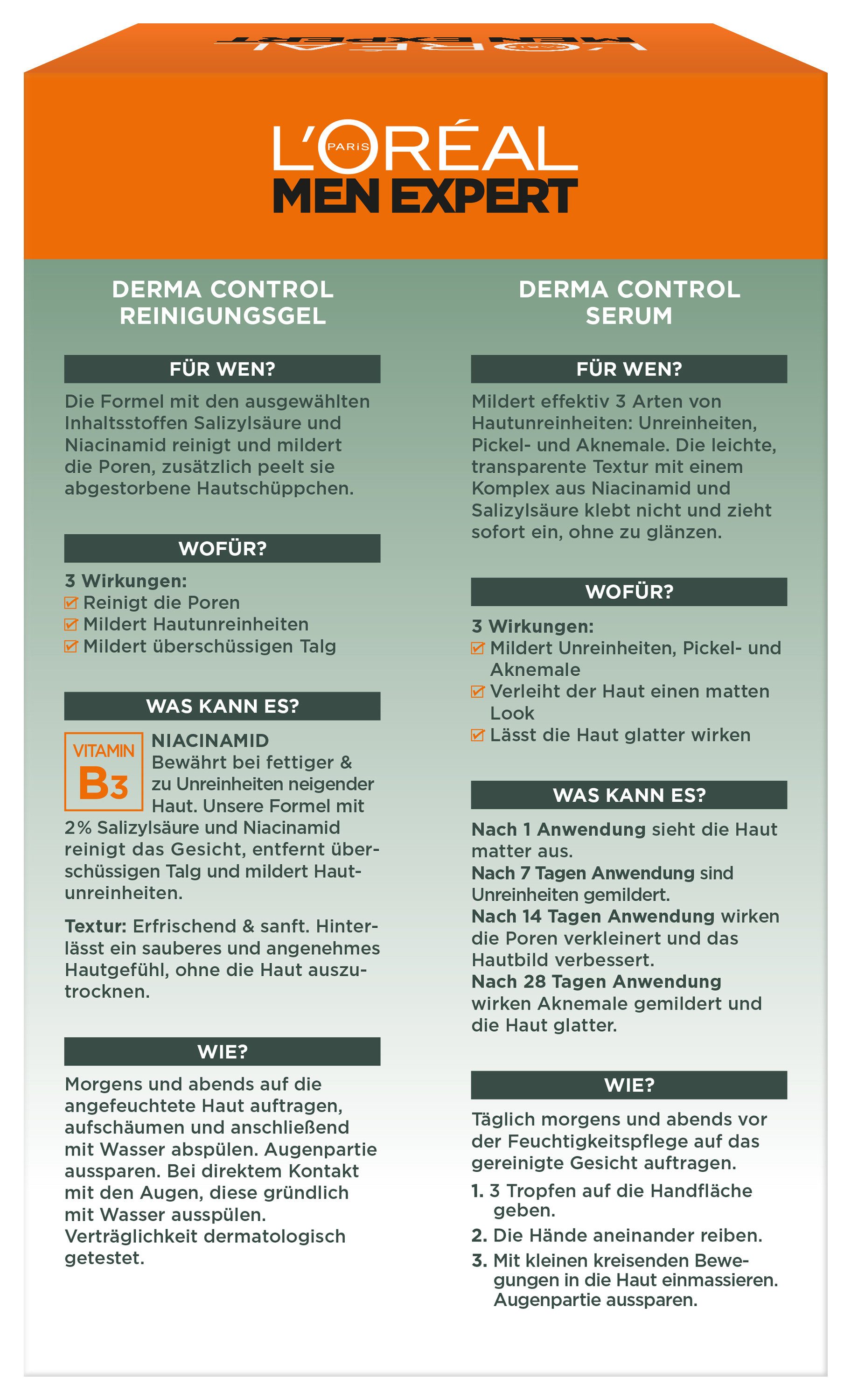 L'ORÉAL PARIS MEN EXPERT Hautreinigungs-Set DERMA CONTROL GESCHENKSET REINIGUNGSGEL & SERUM, bekämpft Unreinheiten effektiv und beugt neue vor.