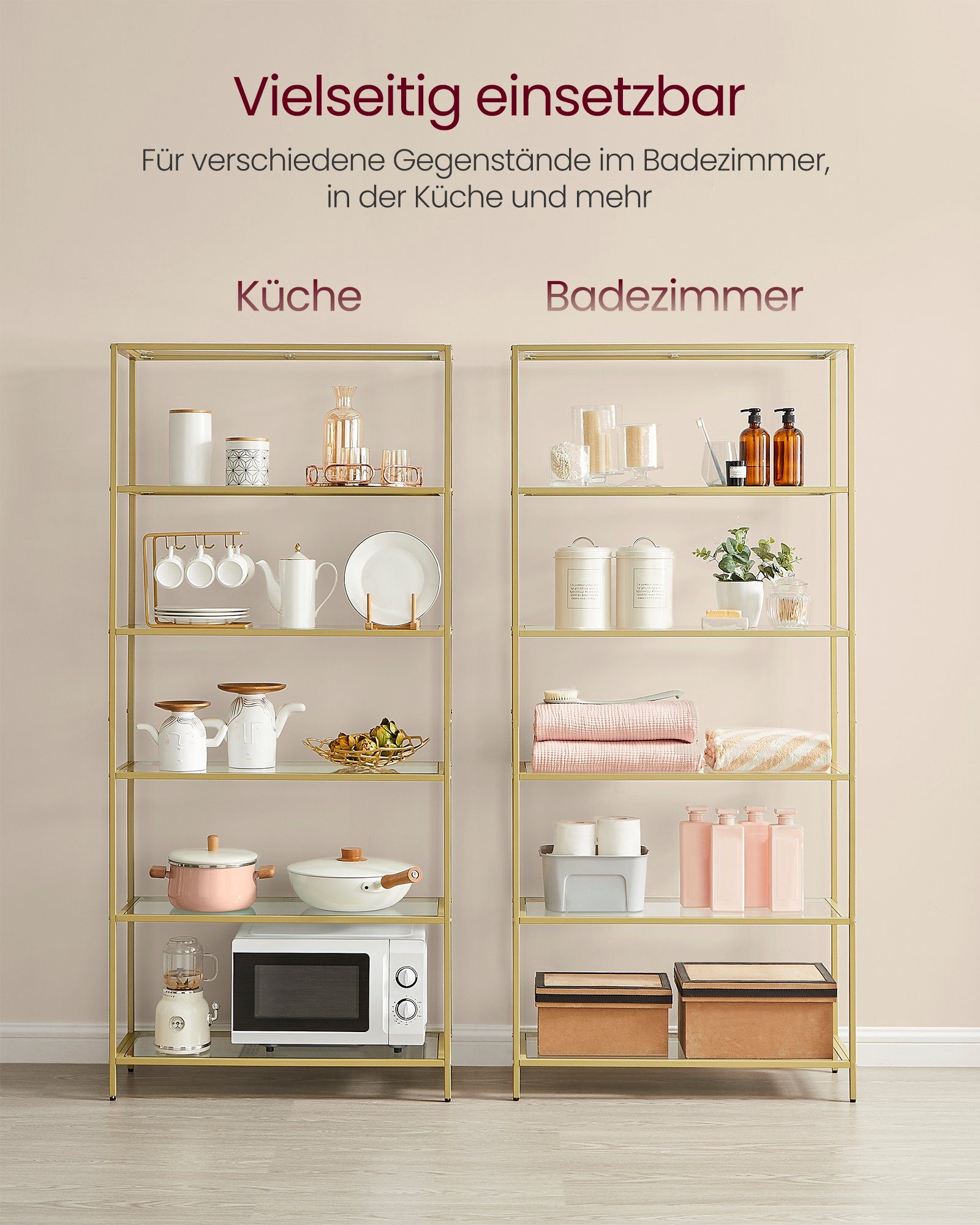 VASAGLE Standregal Regal mit 6 Ablagen, Badregal, gehärtetes Glas