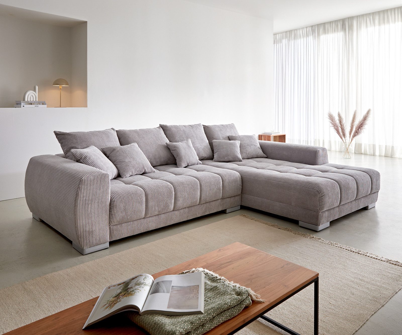 DELIFE Ecksofa Josea, Cord Silbergrau 300x220 cm Ottomane rechts Ecksofa günstig online kaufen