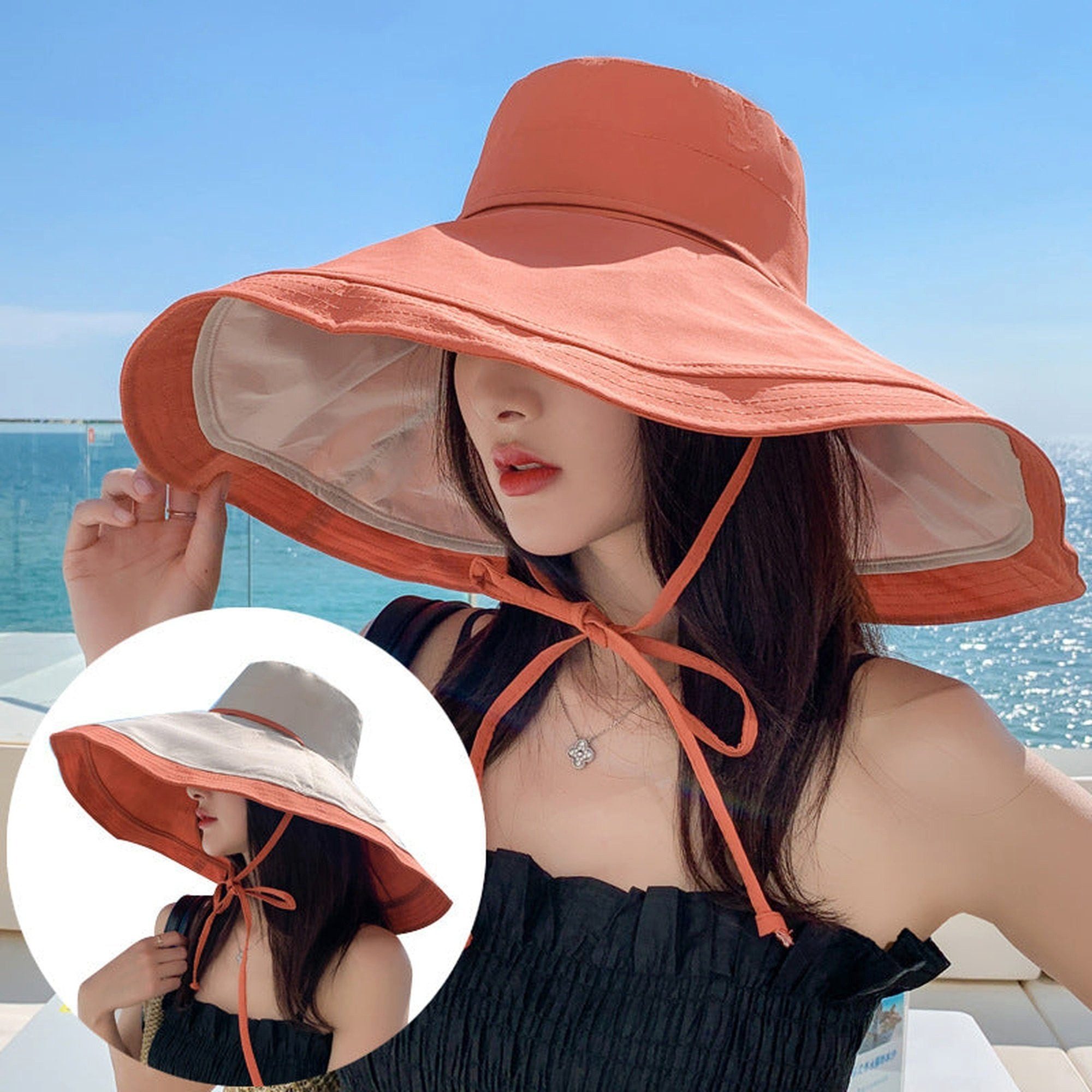 YRIIOMO Sonnenhut Sonnenschutz-Hut für Damen am Strand im Urlaub mit breiter Krempe, doppelseitig tragbar, winddicht.