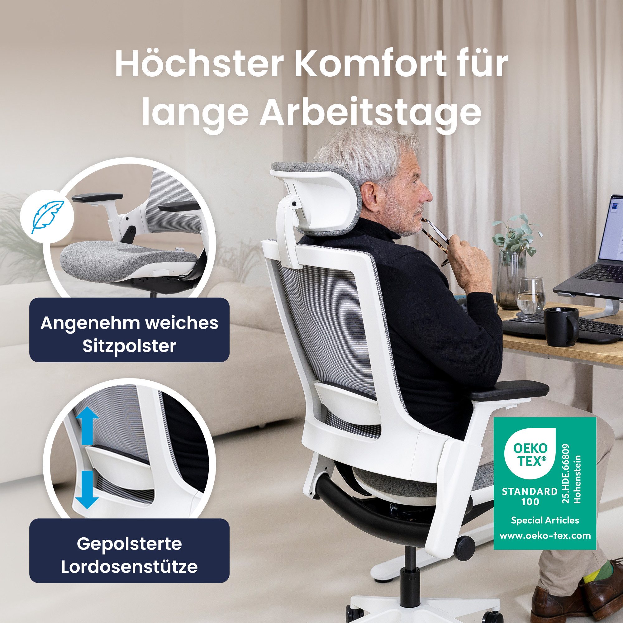 Ergotopia Bürostuhl ergonomischer Schreibtischstuhl NextBack, Drehstuhl mit 3D Armlehnen & verstellbarer Kopfstütze – Bild 3 von 5
