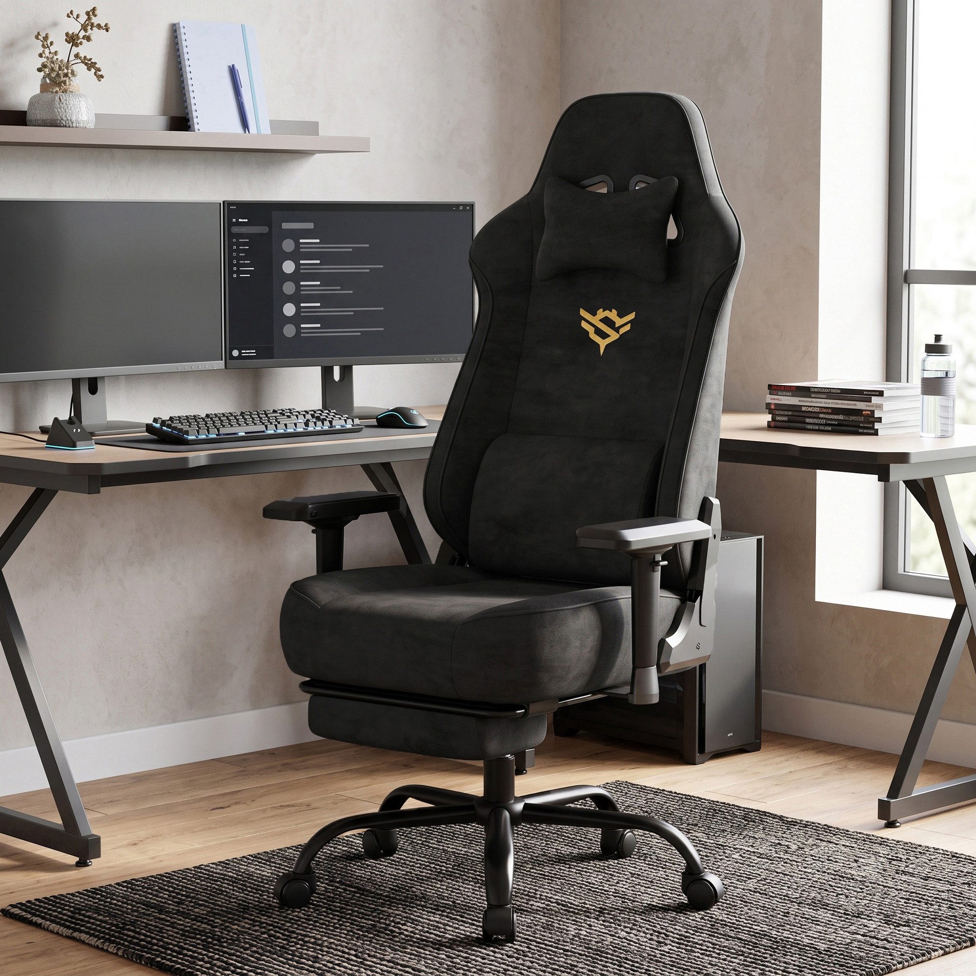 SONGMICS Bürostuhl Gaming Stuhl aus Wildlederimitat mit Fußstütze und 4D-Armlehnen, bis 200 kg, 72 x 72 x (125-135) cm
