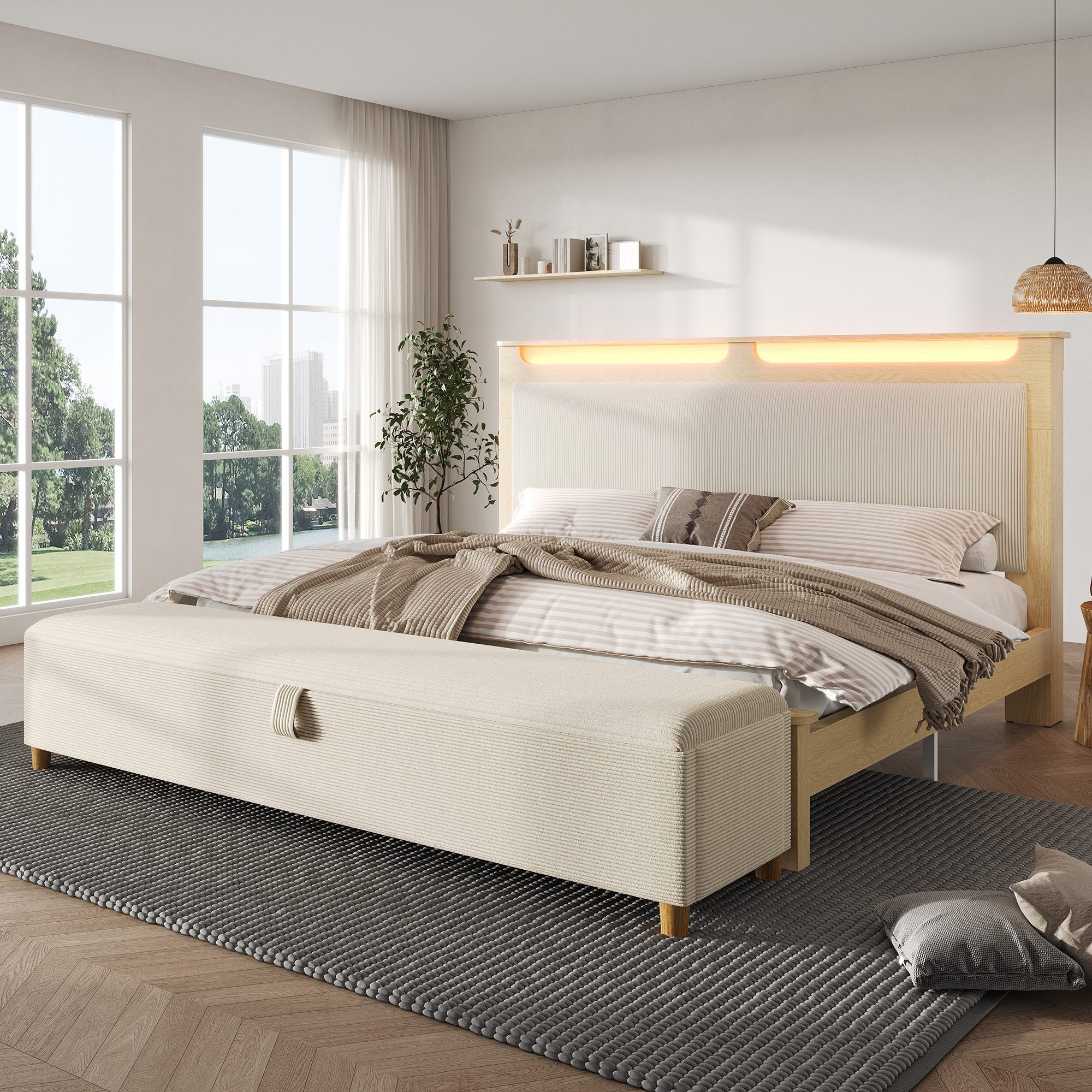 STILVORA Holzbett 180×200 mit Bettbank&Stauraumkopfteil,Holzbett mit LED&Rückenlehne (Doppelbett, Bettrahmen mit Holzlatten, 1-tlg., 180×200cm, ohne Matratze, mit Bettbank), mit LED-Beleuchtung, Cordpolster-Rückenlehne