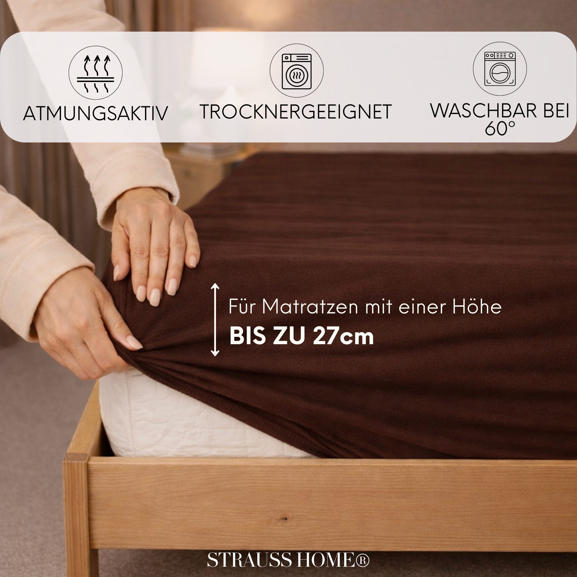 Strauss Home Spannbettlaken Premium 160 g/m² Gekämmte Baumwolle Jersey in Hotelqualität, Gummizug: Rundumgummi, OEKO-TEX®-zertifiziert - Hotelqualität – Formstabil & Langlebig
