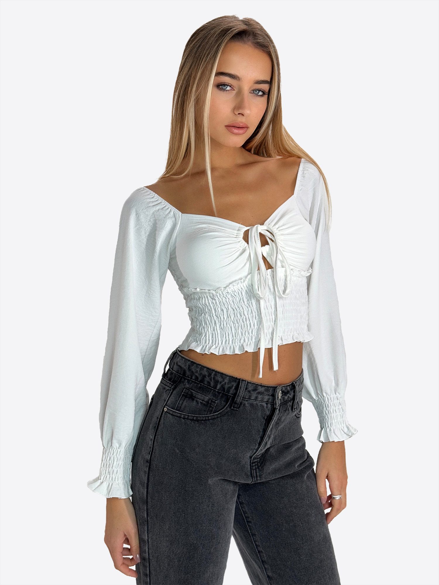 Elara Blusentop – Damen Crop Bluse mit Schnürung, Carmen-Ausschnitt und Puffärmeln – Bild 4 von 5