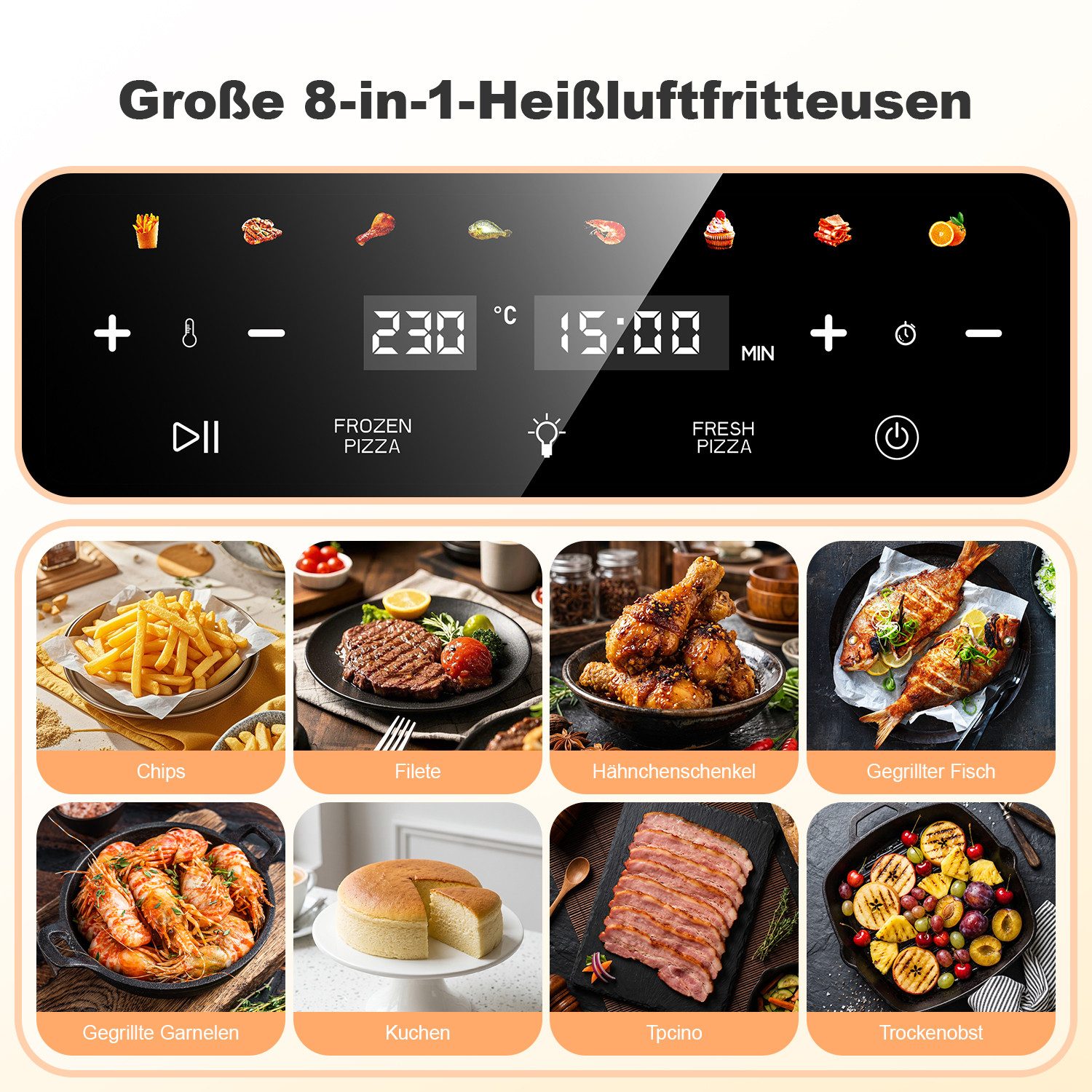 oyajia Heißluftfritteuse 2in1 Pizzaöfen & Airfryer, Pizzaprogramme, 8 Garprogramme, optimale Wärmeverteilung, extra breite Form, mit Sichtfenster, 4L, 2800,00 W – Bild 5 von 5