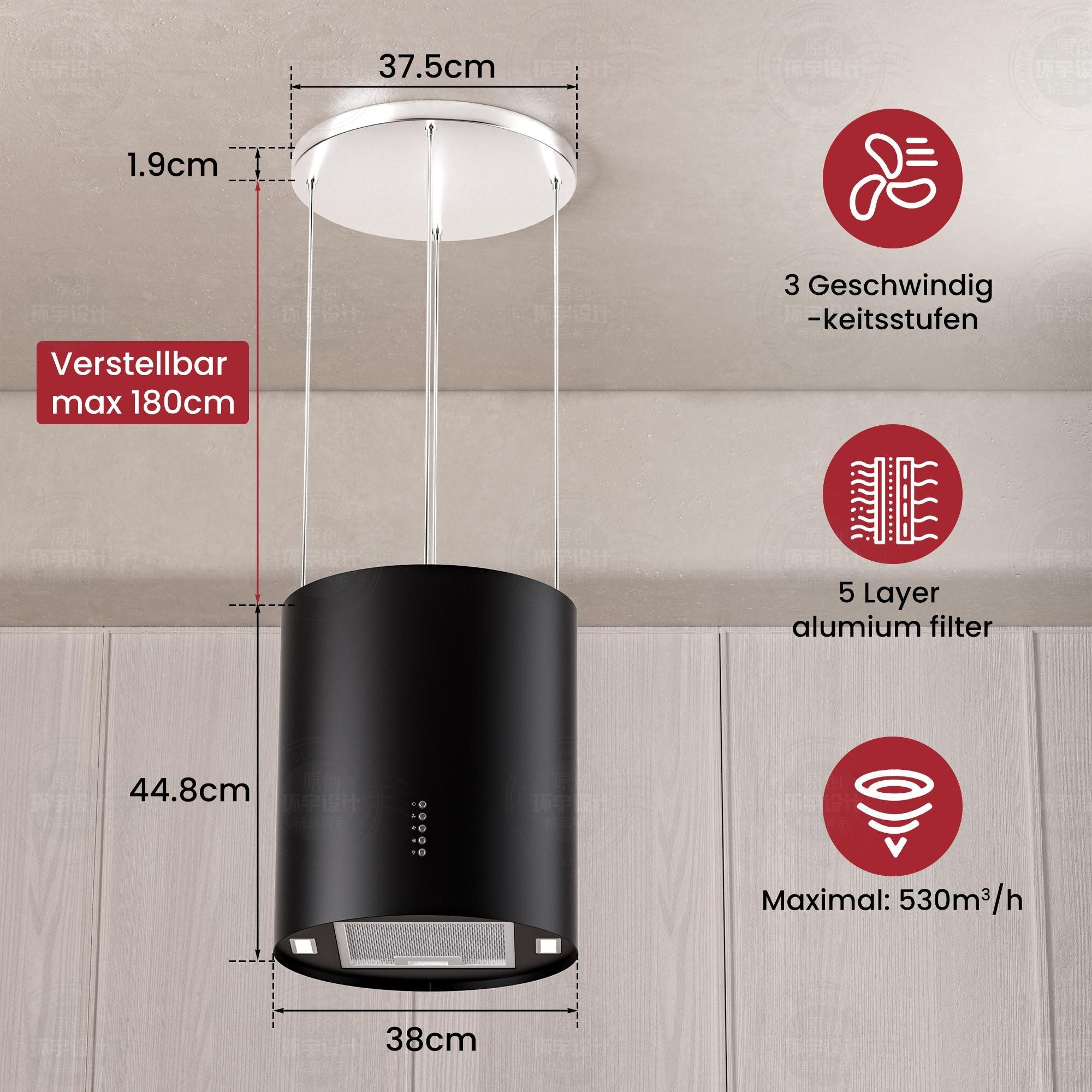 Levivo Inselhaube A+ Dunstabzugshaube Umluft Freihängend mit 530 m³/h Luftleistung Aktivkohlefiltern, Fettfiltern, LED-Beleuchtung – Bild 5 von 5