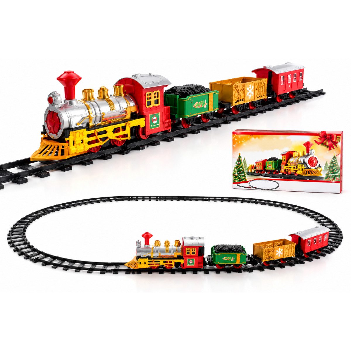 R2 Invest Spielzeug-Lokomotive Elektrischer Weihnachtszug mit Schienen 3 Waggons Weihnachtsdeko