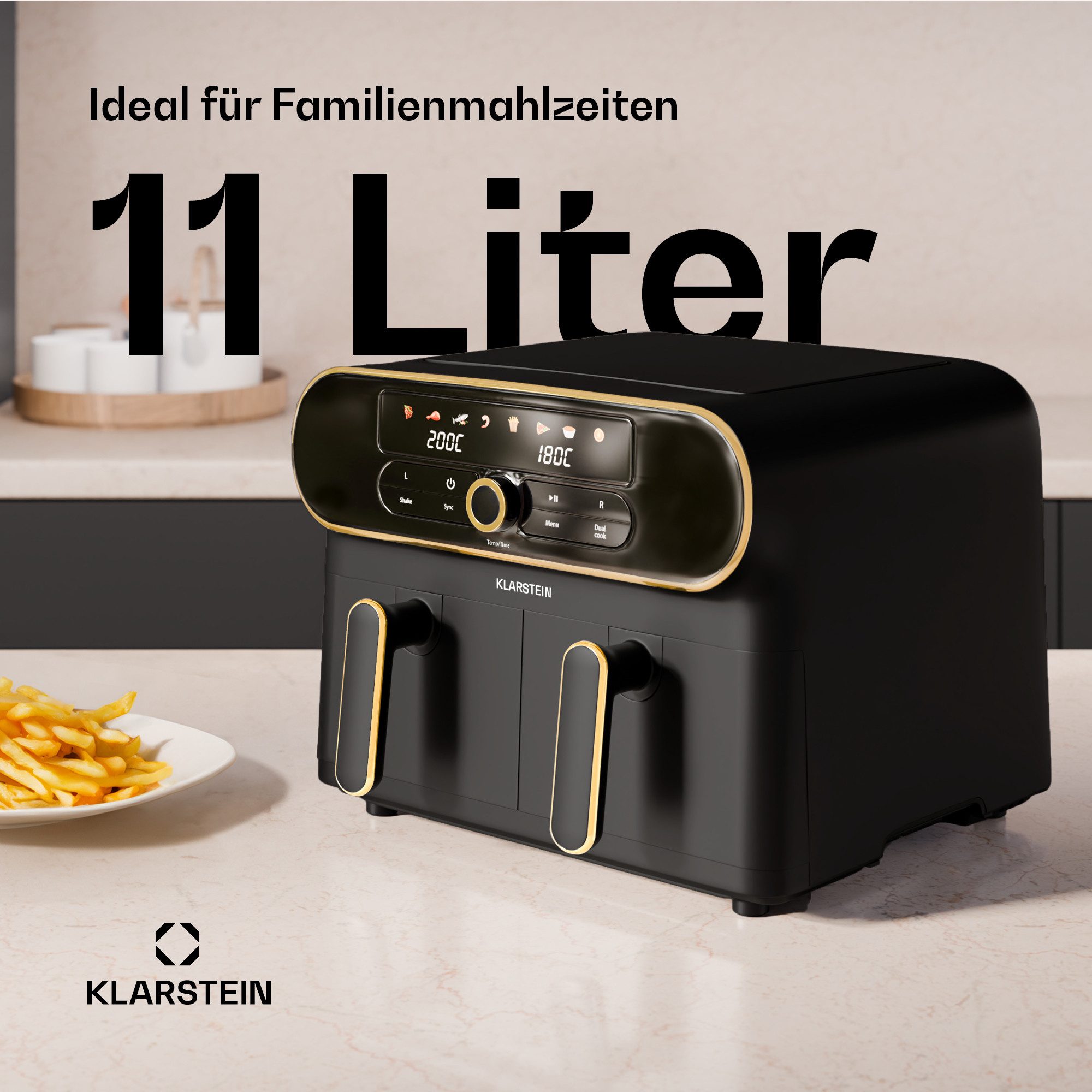 Klarstein Heißluftfritteuse, 1700 W, Heißluftfritteuse Backen Rösten Grill 11L 1700 W 2 körbe