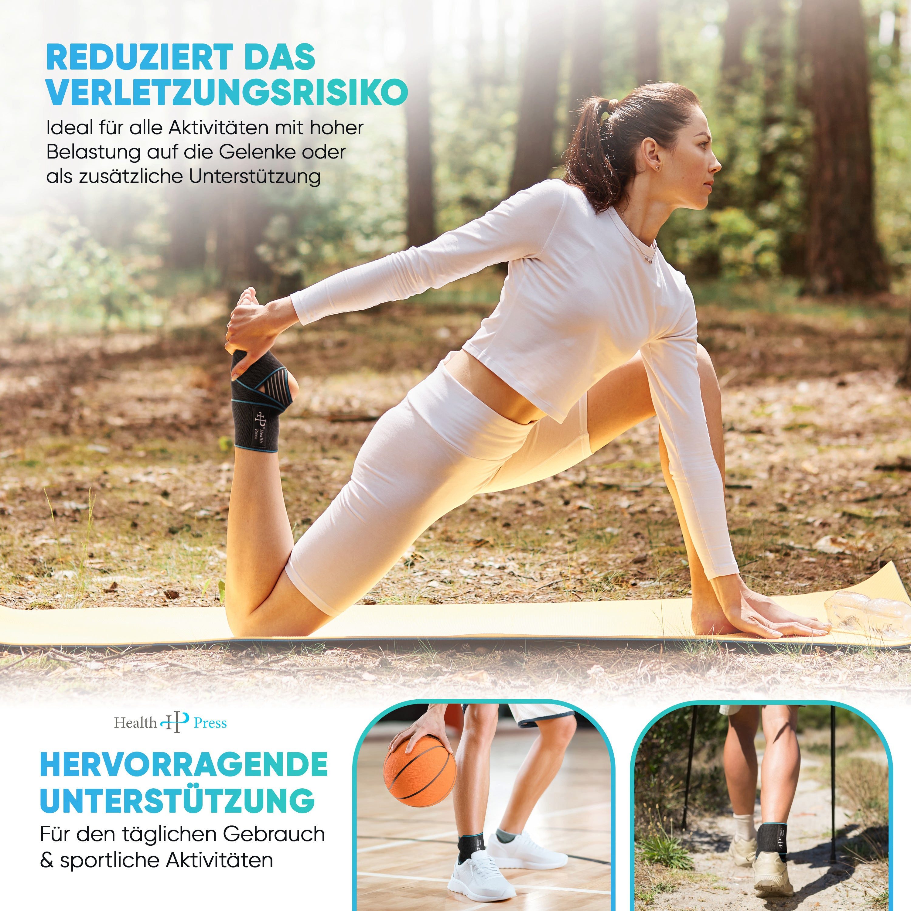 Health Press Sprunggelenkbandage – Universelle Sprunggelenkorthese, Sprunggelenkstütze & Knöchelbandage (Damen & Herren, 1er-Set), dermatologisch getestet