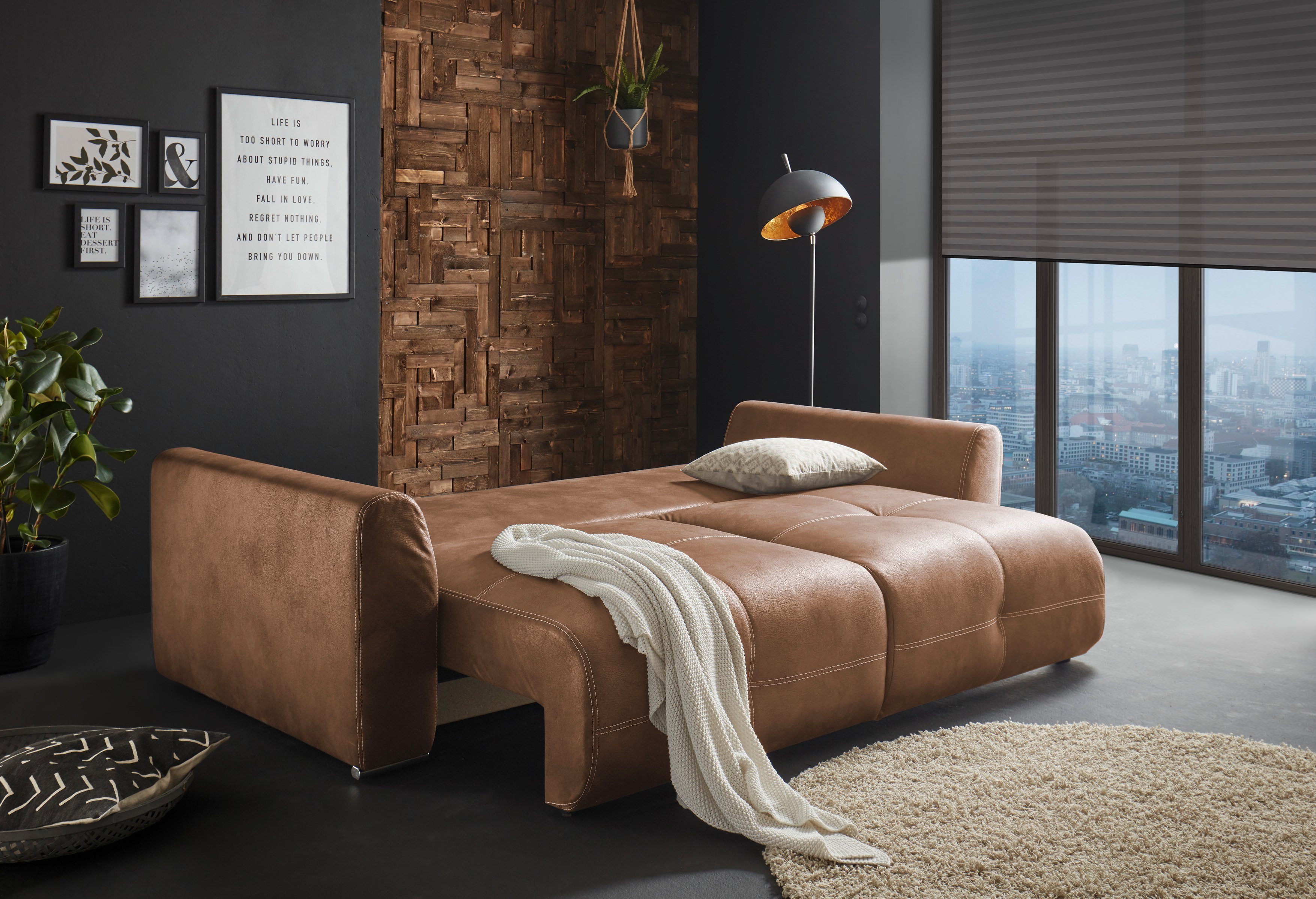 ED EXCITING DESIGN sowie Bettfunktion Dolan, Zierkissen hellbraun Bettkasten, Schlafsofa mit Rücken- und und