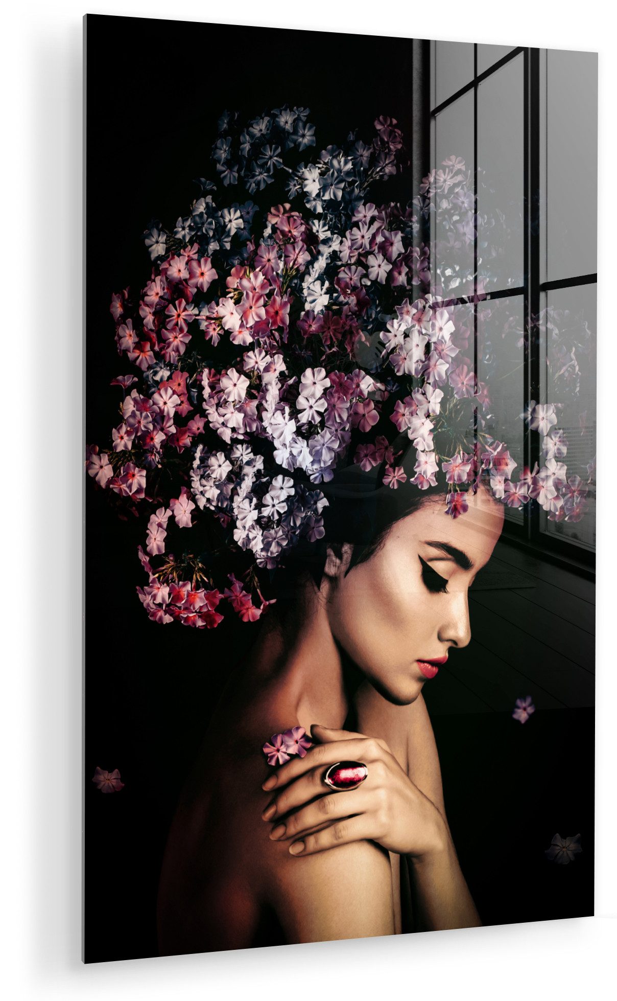 MuchoWow Acrylglasbild Blossom - Frau - Rosa - Luxus, Inkl. Aufhängung, Dekorative Bild für Küche & Wohnzimmer auf Glas, 20x30 cm