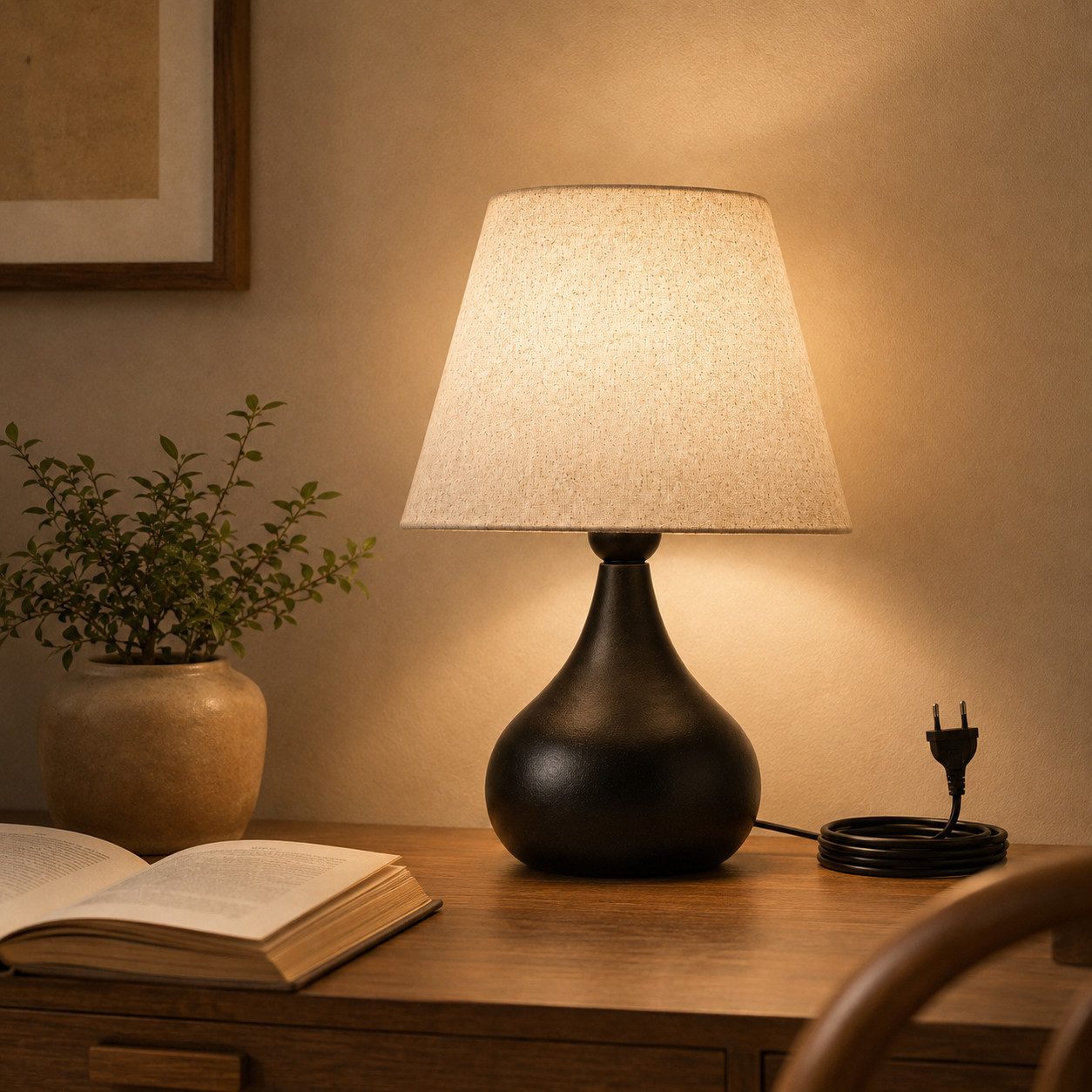BlingBin Tischleuchte E27, schwarze Tischlampe mit beigefarbenem Leinenschirm moderne, max. 60 W, Ein-/Ausschalter, ohne Leuchtmittel, Kaltweiß, Warmweiß, Neutralweiß, Nachttischlampe, Kleine Tischlampe mit E27-Fassung
