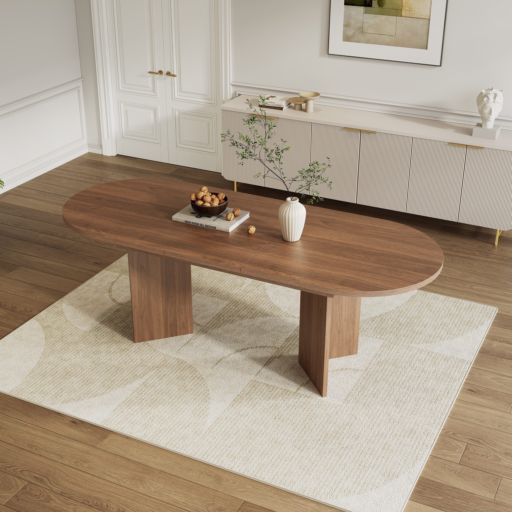 HAUSS SPOLE Esstisch aus MDF,Küchentisch Wohnzimmertisch mit abgerundeten Ecken,Nussbaum (Packung, 1-St., verdickte Tischplatte, im einfachen Stil), geeignet für 4–6 Personen, Esstisch mit abgerundeten Ecken