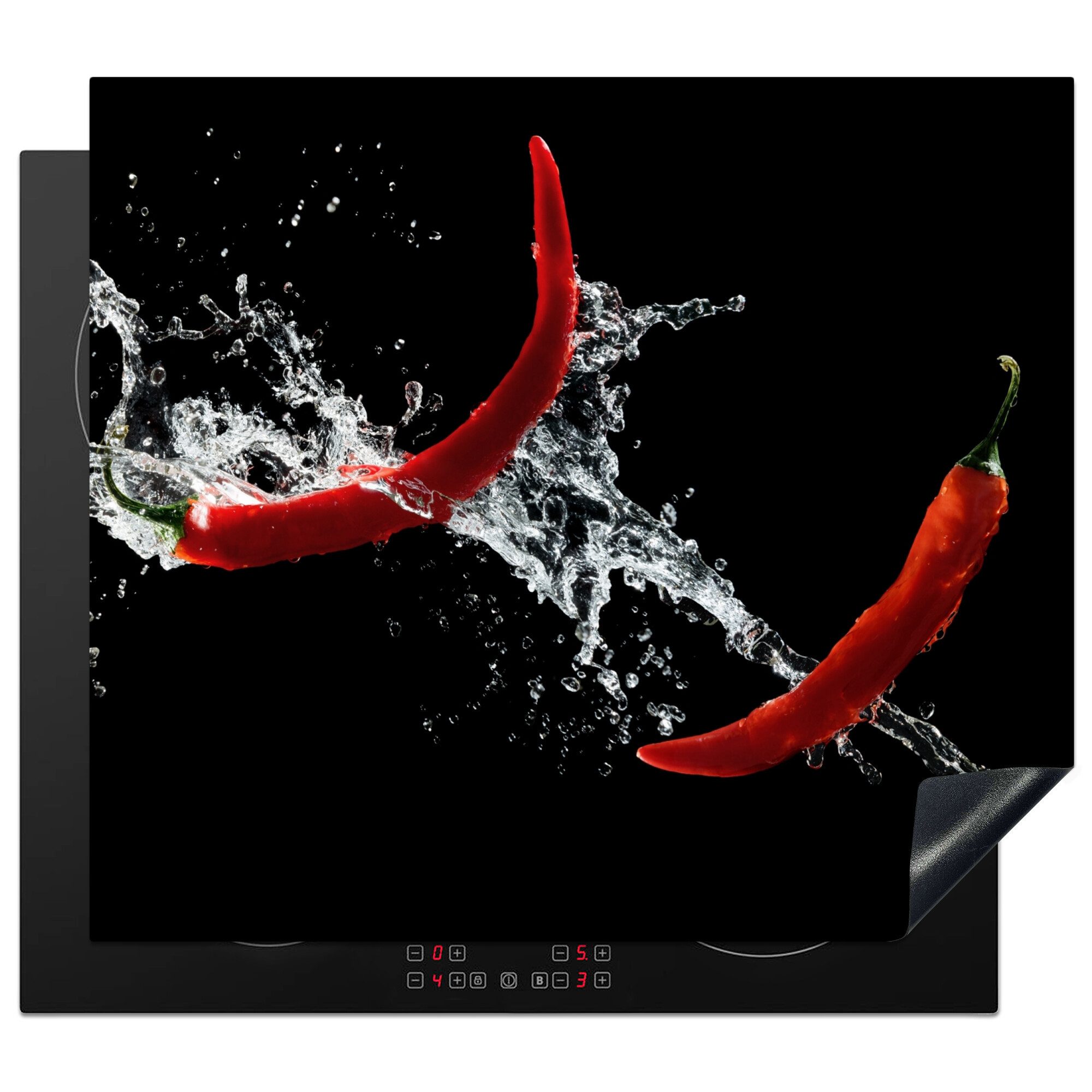 MuchoWow Herd-Abdeckplatte Chilischote - Stilleben - Wasser - Schwarz - Rot, Vinyl, (1 tlg), Cerankochfeld Abdeckung, Herd Abdeckplatten Vinyl, 58.3x51.3 cm