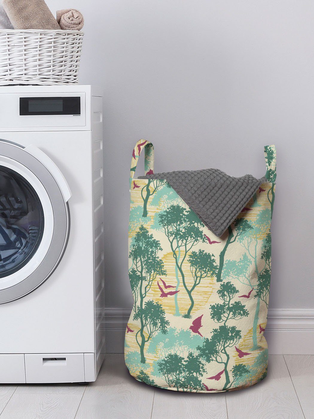 Abakuhaus Wäschesäckchen Wäschekorb mit Vögel Kordelzugverschluss für Waschsalons, gezeichnete und Griffen Wald Bäume Hand