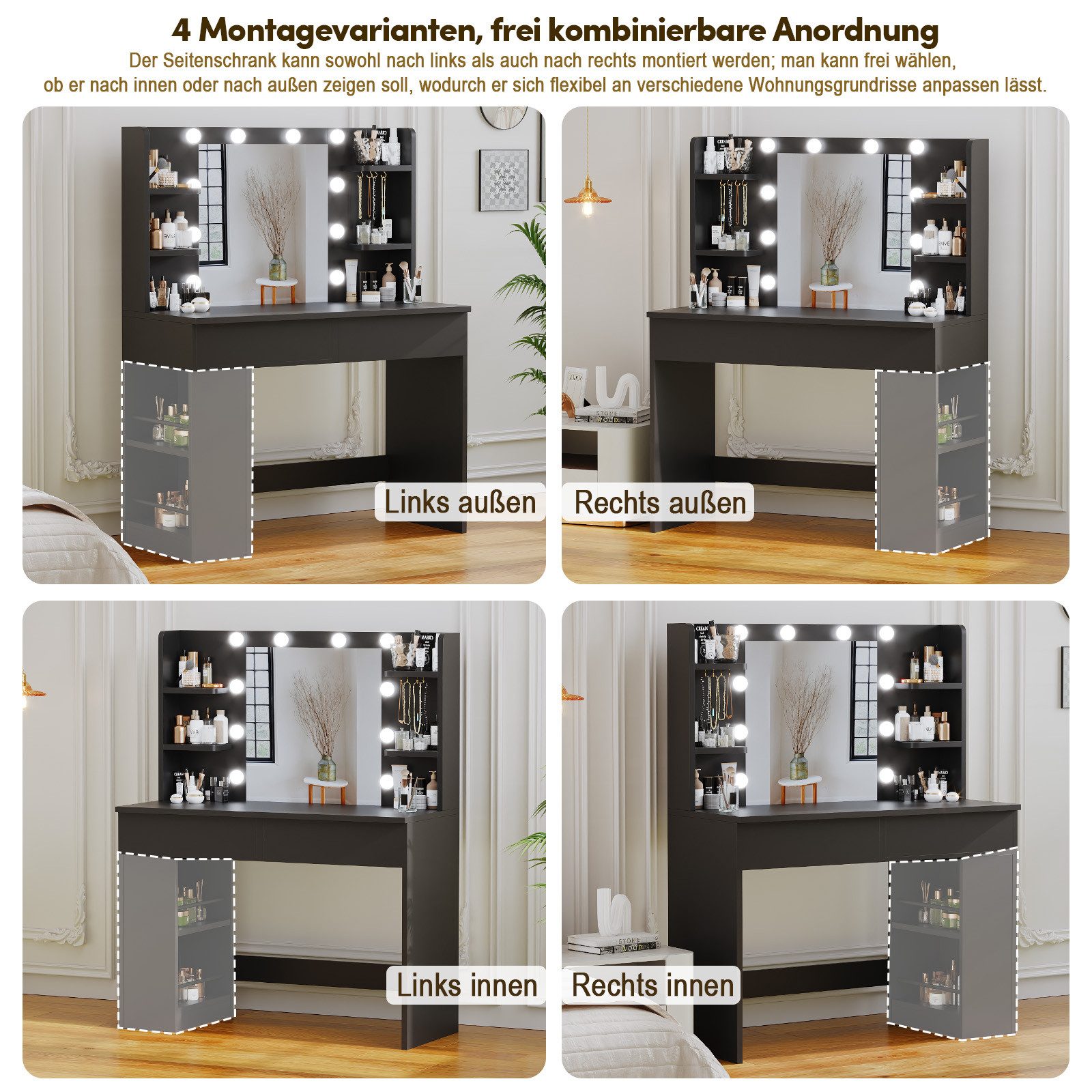 HOMALL Schminktisch Mit dreifarbiger LED-Beleuchtung, Helligkeit einstellbar (Länge × Breite × Höhe) 90 × 40 × 137 cm, mit Steckdose und 2 USB-Anschlüssen, seit – Bild 4 von 5