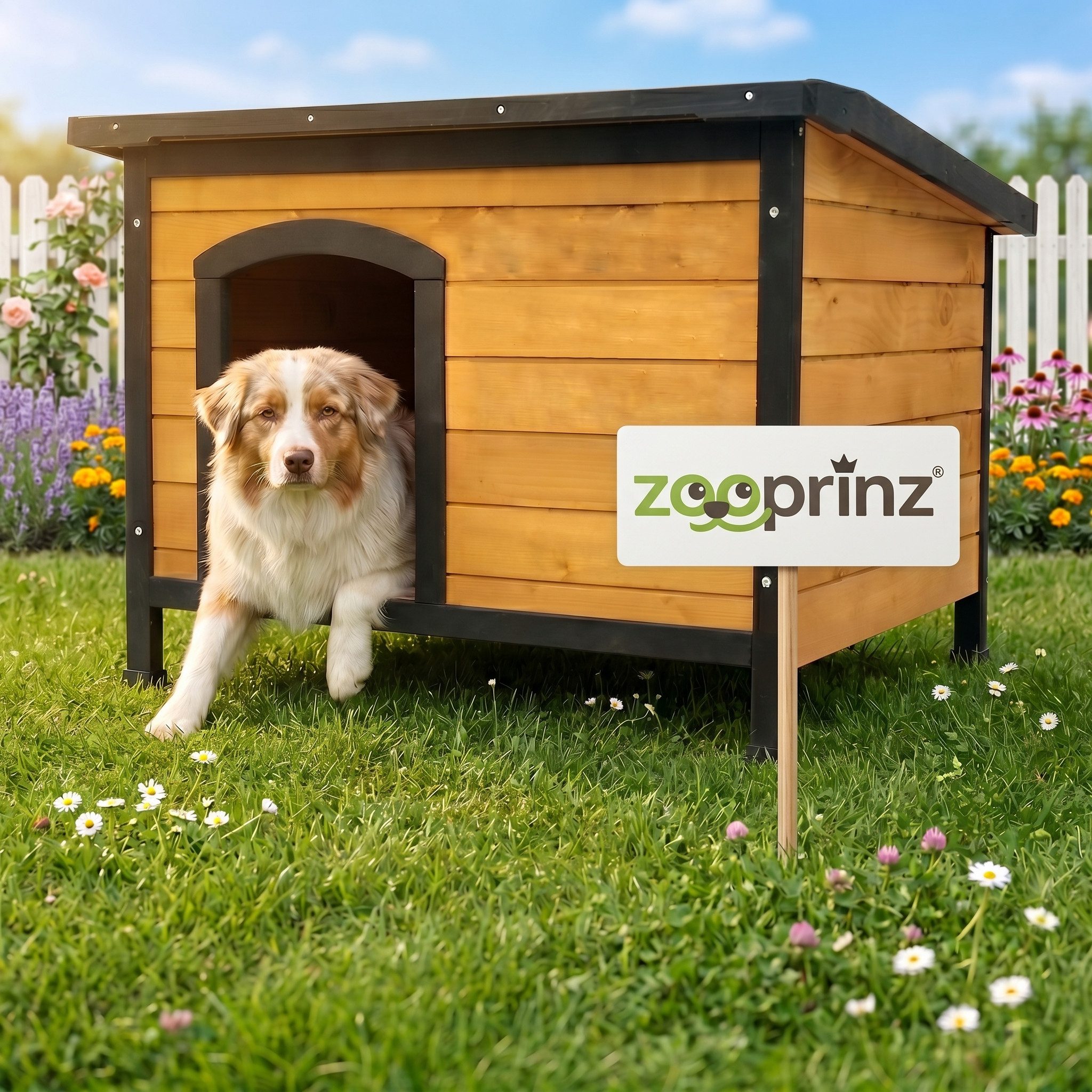 Zooprinz Hundehütte Carlo auf Holzfüßen mit Kunststoffkappen, Bitumen Klappdach, wetterfestes Kiefernholz, für mittelgroße Hunde