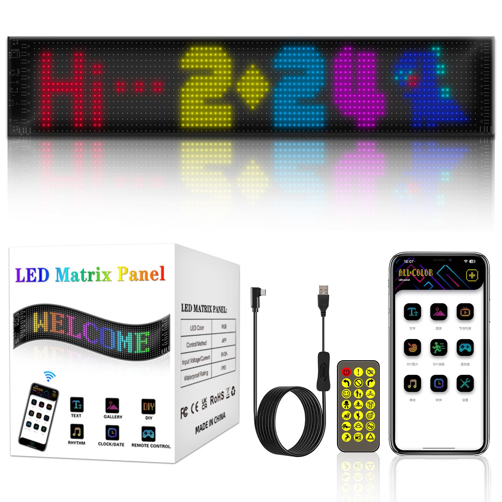 Kityhome Anzeigetafel LED-Matrixanzeige mit App-Steuerung, RGB, programmierbar, Auto/Deko (Ultra-helle Anzeige/hohe Effizienz und Energieeinsparung), ‎4.41 x 3.58 x 3.58 inches
