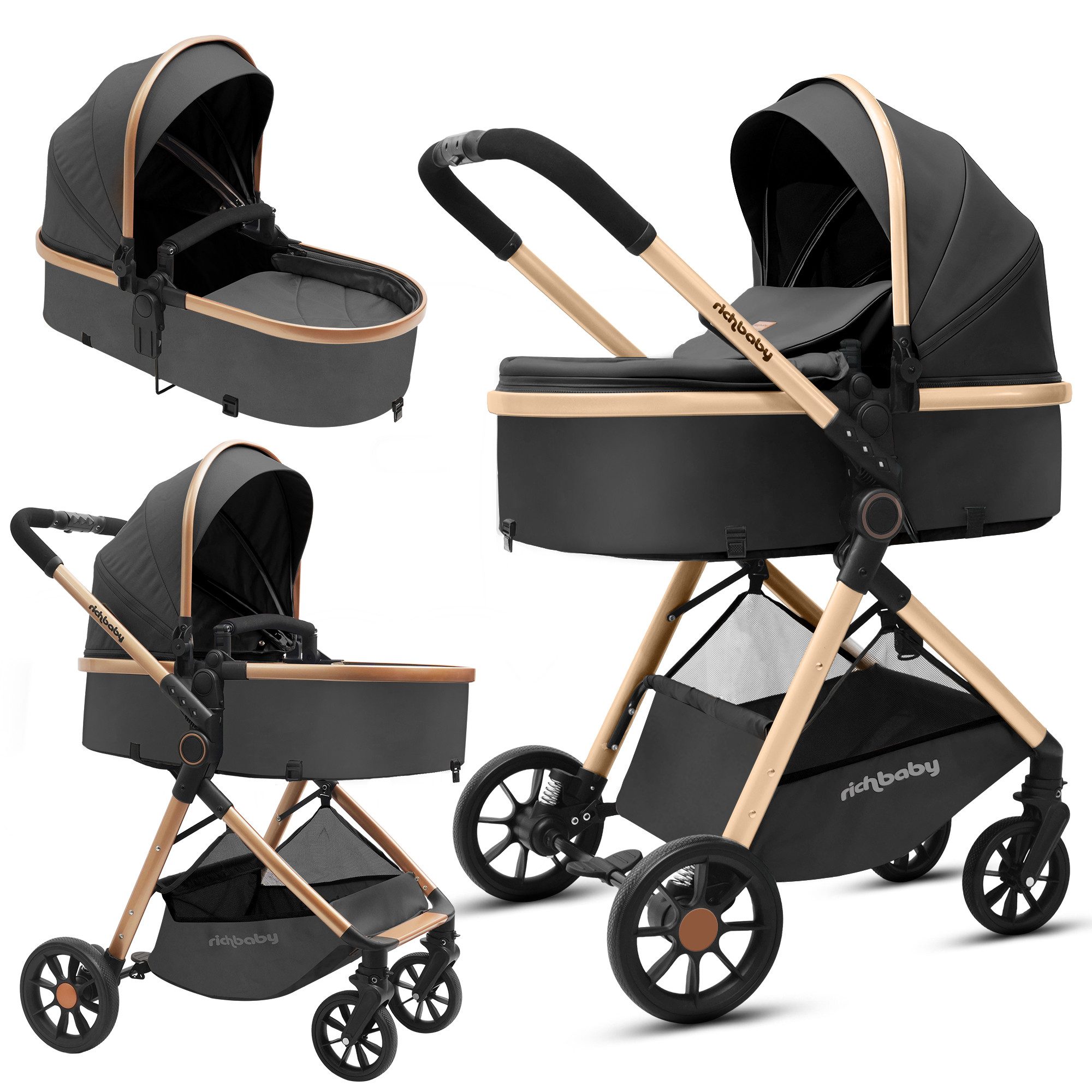 Rich Baby Kombi-Kinderwagen 2 in1 Kombi-Reisekinderwagen & Buggy (0-36 Monate, bis 22 kg), (Kompakt Zusammenklappbar, UV 50+, 5-Punkt-Gurte), Vollflächige Liegeposition, Babywanne, Großer Einkaufskorb Komplettset
