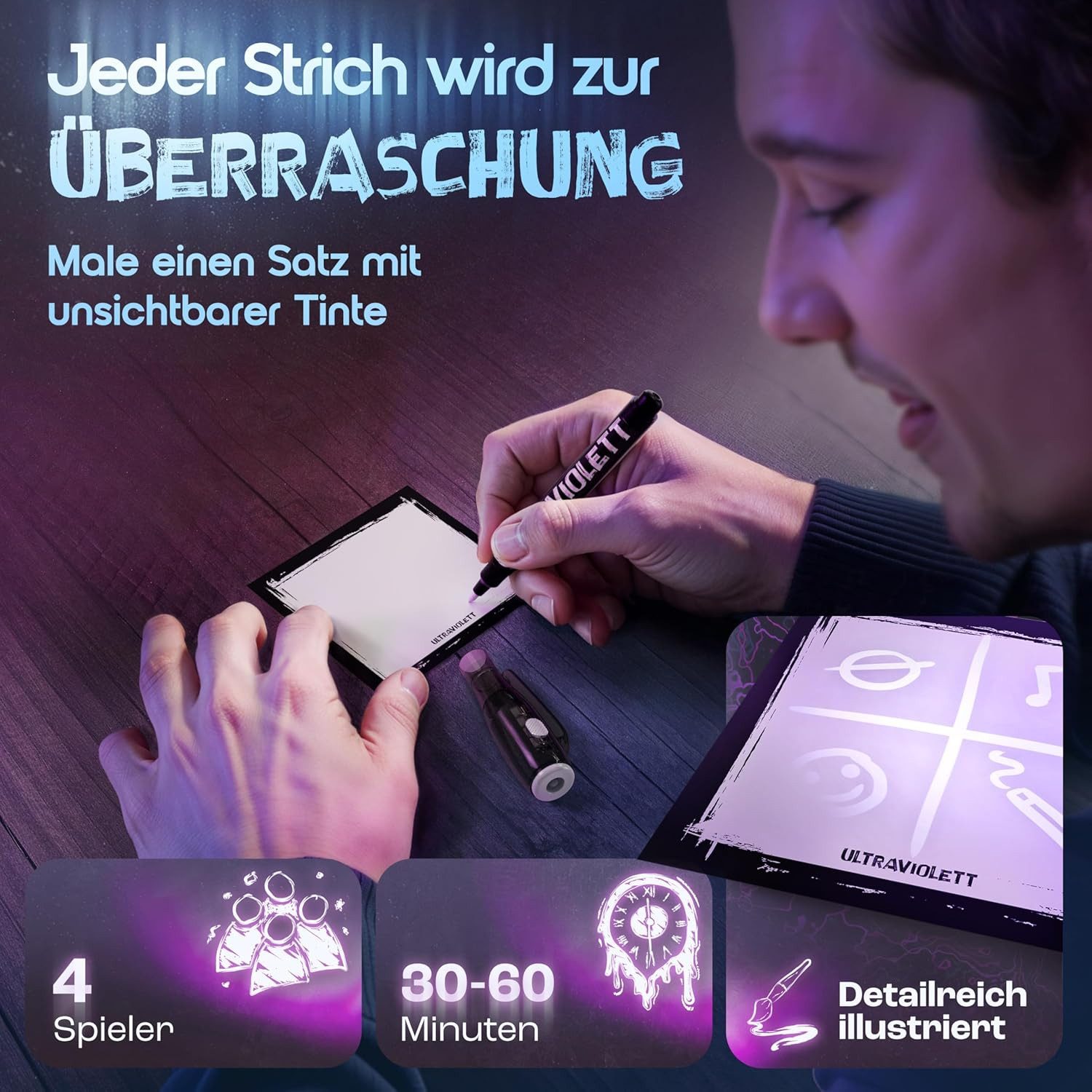 Kampfhummel Spiele Spiel Ultraviolett – Das Zeichenspiel mit unsichtbarer Zaubertinte, Zeichenspiel für Erwachsene, mit UV-Stiften und Licht, 3-4 Spieler