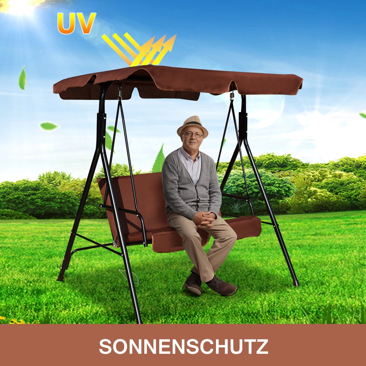 2-Sitzer Hollywoodschaukel Braun mit COSTWAY Gartenschaukel, Gartenliege, Sonnendach,