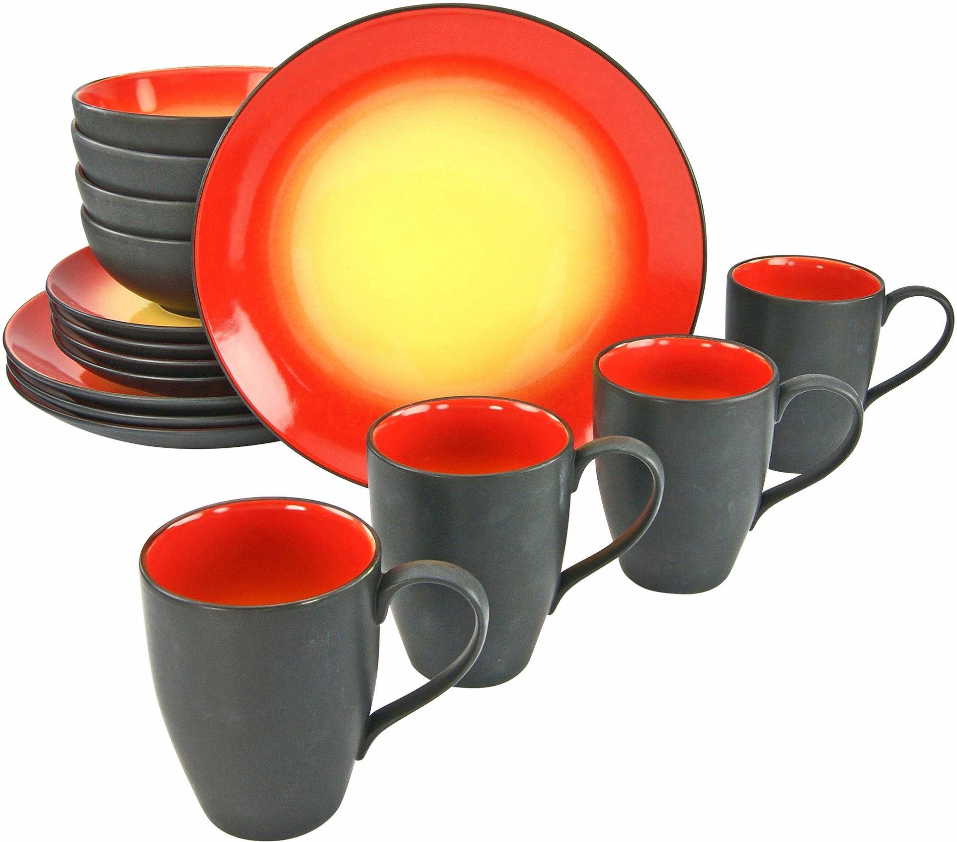 creaTable Kombiservice Geschirr-Set HOT (16-tlg), 4 Personen, Steinzeug, Service, interessanter Farbverlauf, 16 Teile, für 4 Personen