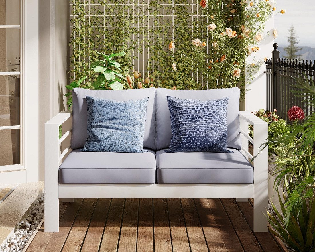 MeXo Loungesofa Gartensofa für Balkon 2 Sitzer Aluminium outdoor wetterfest, weiß, harmonieren mit Licht bei Nacht, Passt zum skandinavischen, mediterranen oder minimalistischen Stil, 12cm Deluxe Relax-Sitzkissen, 128×65×66cm, lounge sofa draußen Alu