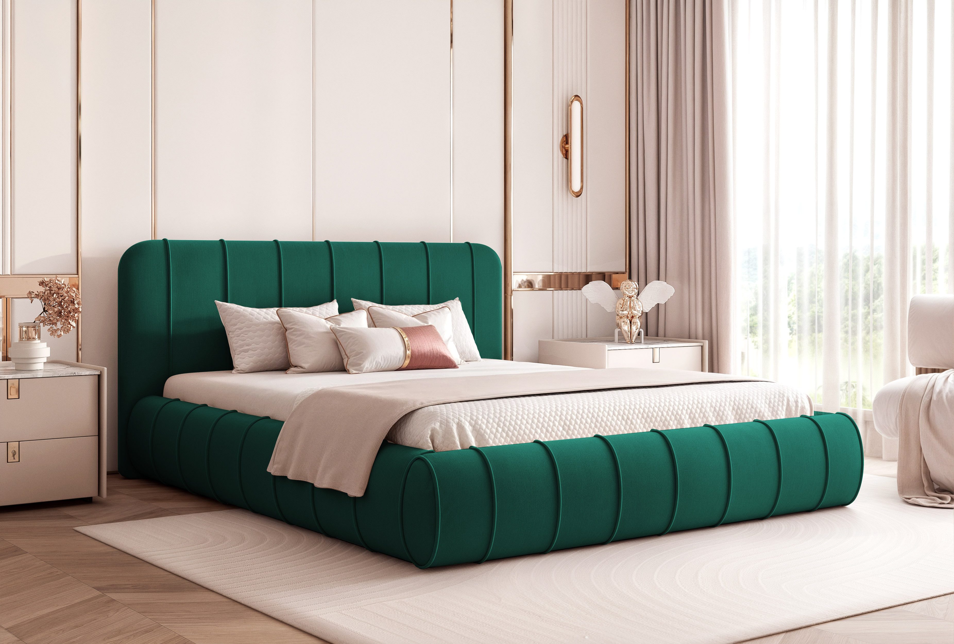 Goldstoff Polsterbett Modernes Boxbett "MILANO" mit großem Stauraum und elegantem Kopfteil (Stauraumbett, 150–230x230 cm, Kopfteilhöhe: 70/110 cm, Seitenhöhe: 32 cm), Luxus Bett mit Stauraum und verstellbarem Kopfteil