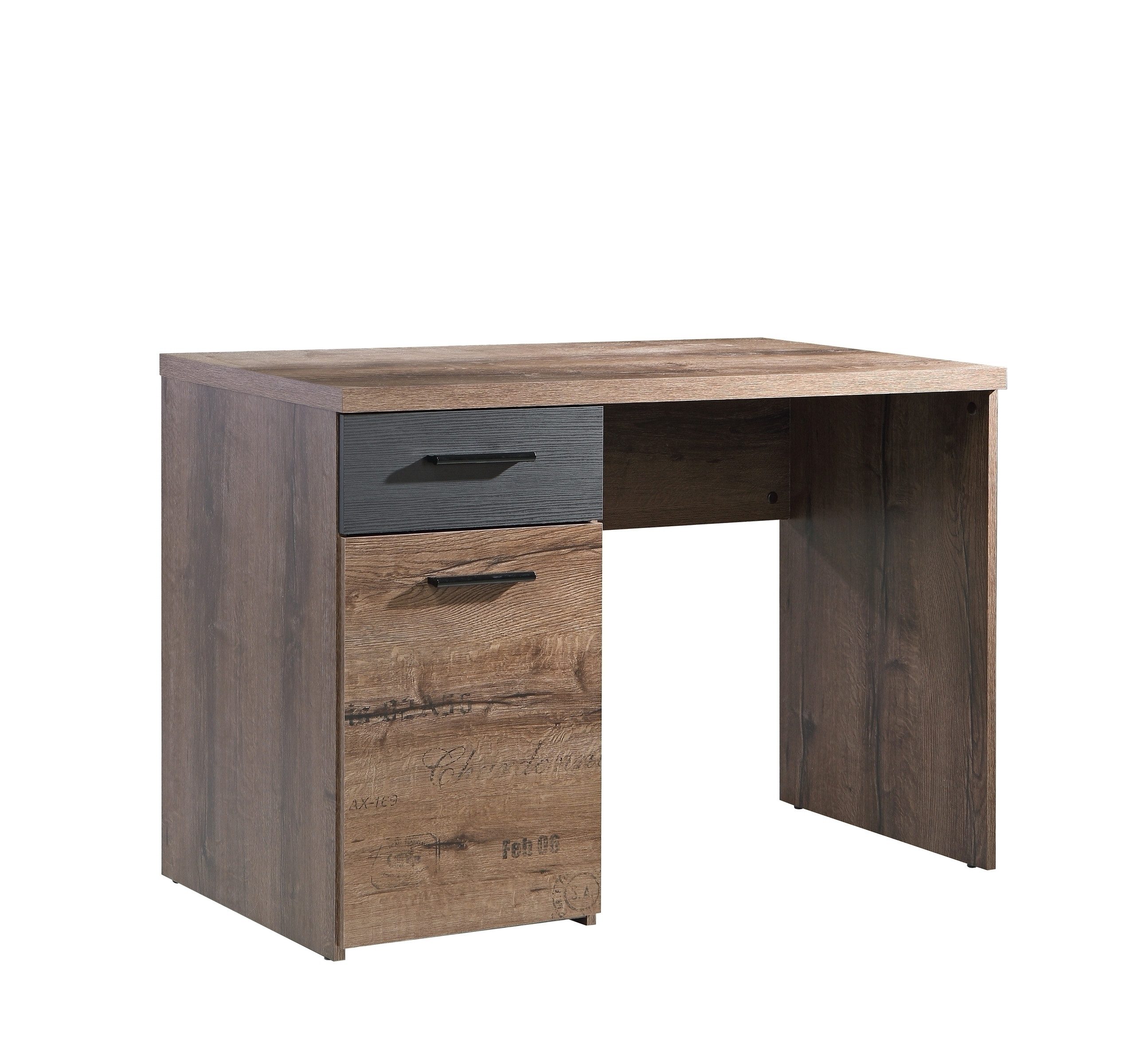freiraum Schreibtisch JACKY, Script-Schlameiche / Schwarz Eiche Dekor - 110x76,5x52,7cm (B/H/T)