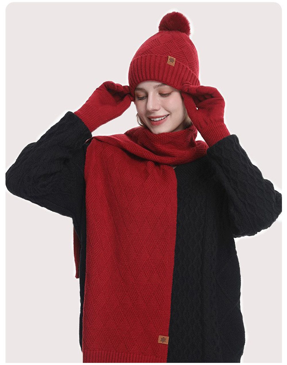 Coonoor Mütze & Schal Damen Winter-Set, Mütze mit Bommel, Schal & Touchscreen-Handschuhe (3-tlg) Fleece gefüttert, warmes 3-in-1 Geschenkset
