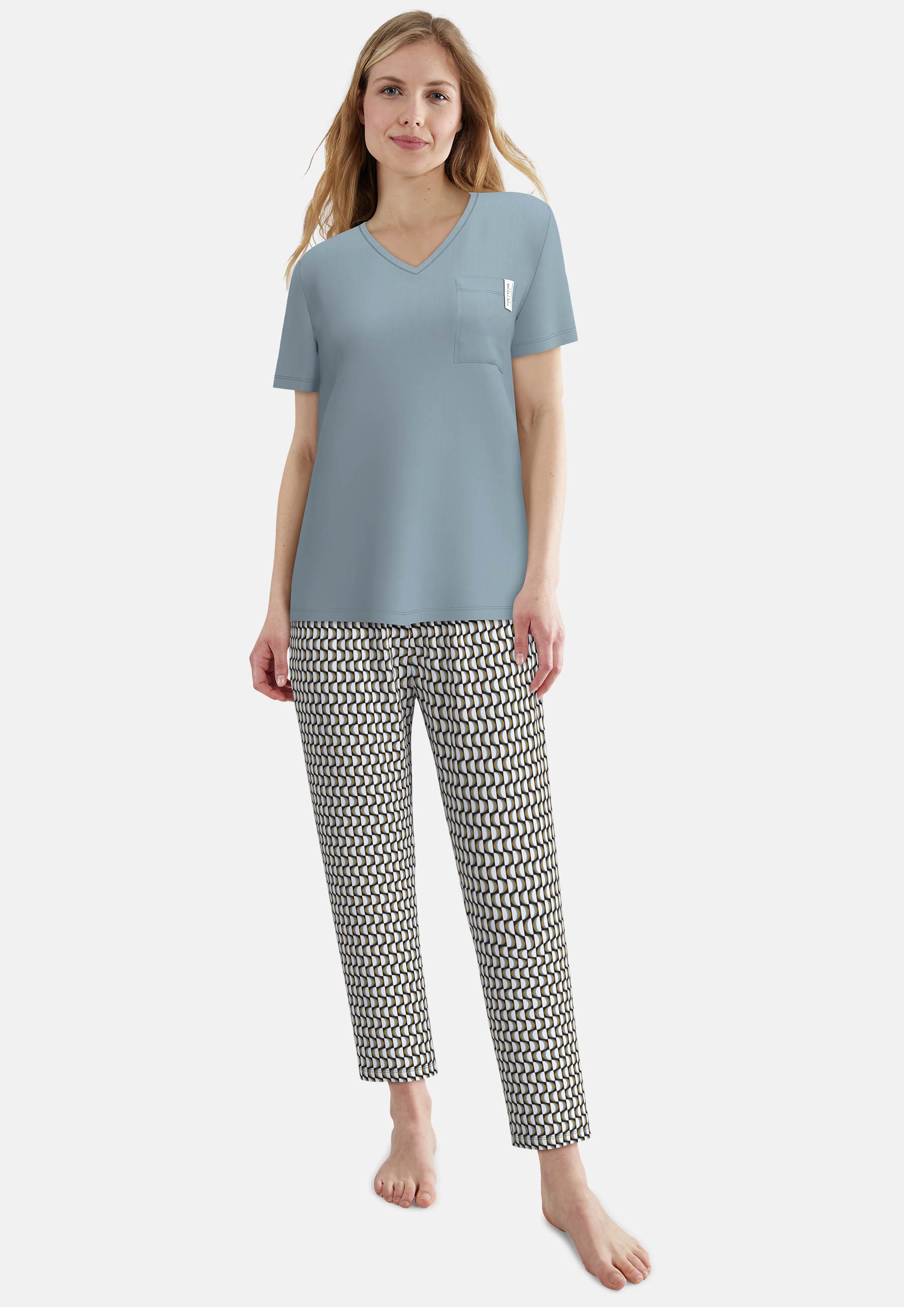 TOM TAILOR Pyjama Kurzarm, V-Ausschnitt, mit Brusttasche, Baumwollmix