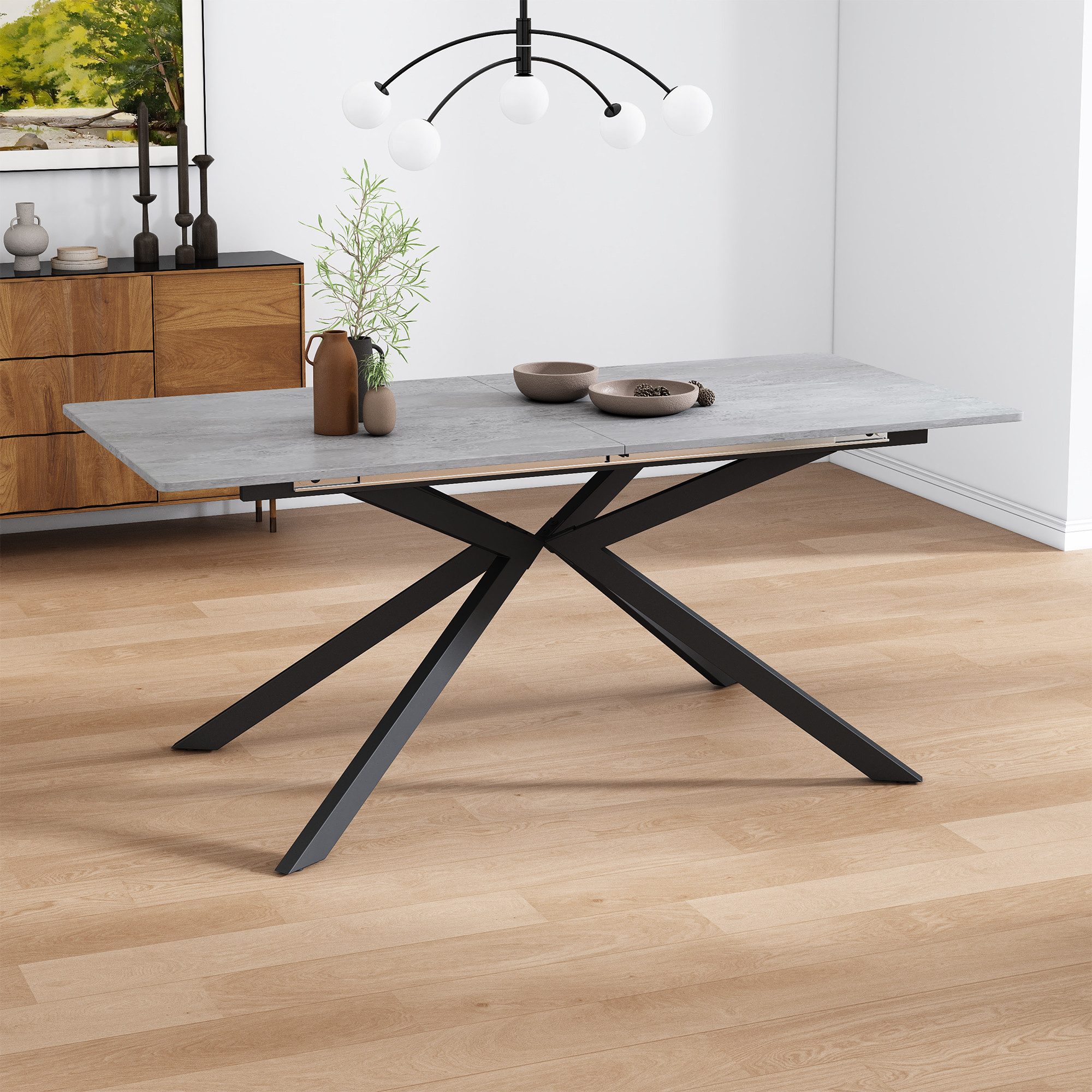 KLAM HOME Esstisch Erweiterbarer Esstisch Mit Automatischem Auszug Und Marmorstruktur (Modernes Kreuzbein Design In Schwarz Und Weiß Für Küche Und Wohnzimmer),  – Bild 4 von 5
