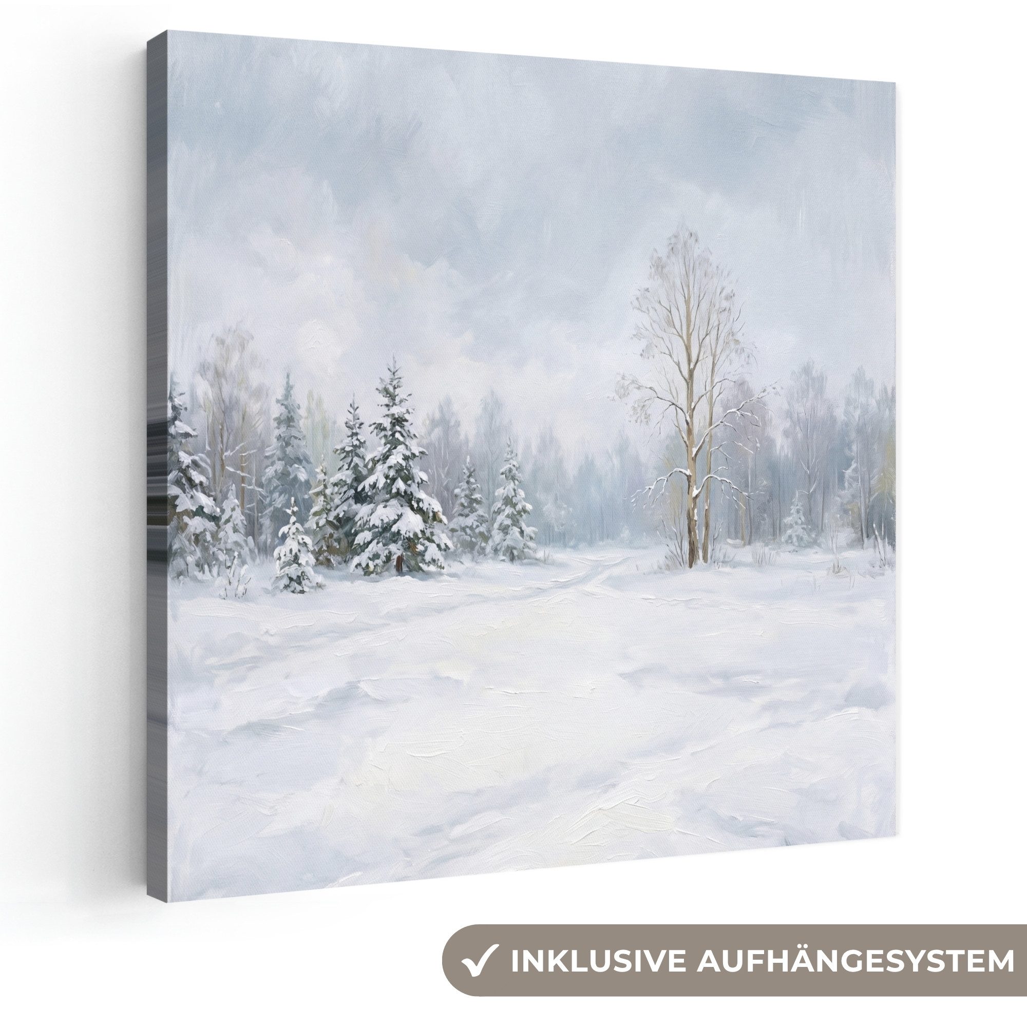 OneMillionCanvasses® Leinwandbild Waldweg - Kiefer - Schnee - Winter - Ruhig, Fotodruck (1 St), Wandbild, Deko Schlafzimmer Wohnzimmer Flur 20x20 cm