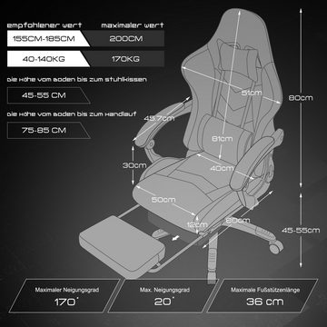Dowinx Gaming-Stuhl Ergonomisches Design mit Lendenwirbelstütze und Fußstütze, Computer Bürostuhl Rückenlehne verstellbar Drehstuhl, Schwarz