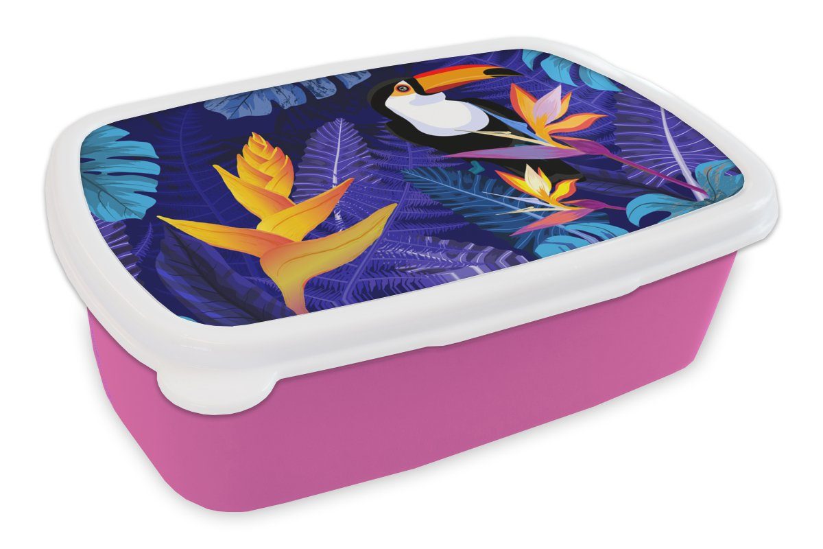 MuchoWow Lunchbox Dschungel - Tukan - Blumen - Pflanzen - Kinder - Lila - Tiere, Kunststoff, (2-tlg), Brotbox für Erwachsene, Brotdose Kinder, Snackbox, Mädchen, Kunststoff rosa