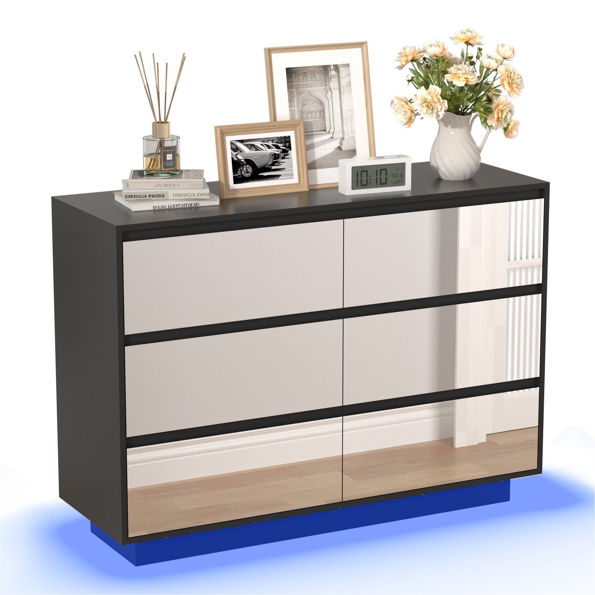 UEV Spiegelschrank mit LED-Beleuchtung, einstellbare Farben Kommode mit 6 Schubladen (Spiegelschrank, Wohnzimmerschrank, Schlafzimmerschrank) 100 x 34 x 72,5cm für Wohnzimmer Schlafzimmer Flur
