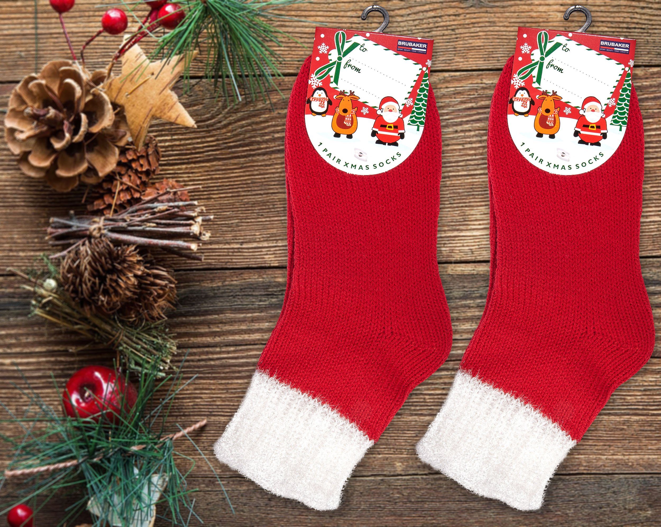 BRUBAKER Socken 2er Pack Warme Damensocken - flauschige Weihnachtssocken - Bequem (2-Paar, Frauen Socken Weihnachten) Damen Bettsocken Kuschelsocken - Wintersocken mit Glitzer Bund